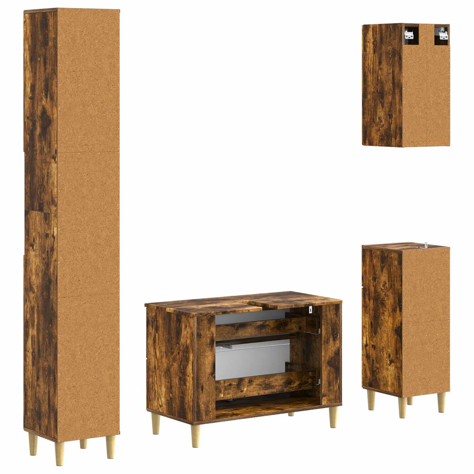 4-delige Badkamerkast Set DELFT Gerookt eiken Bewerkt hout is nu te koop bij PeponiXL, paradijselijk wonen!