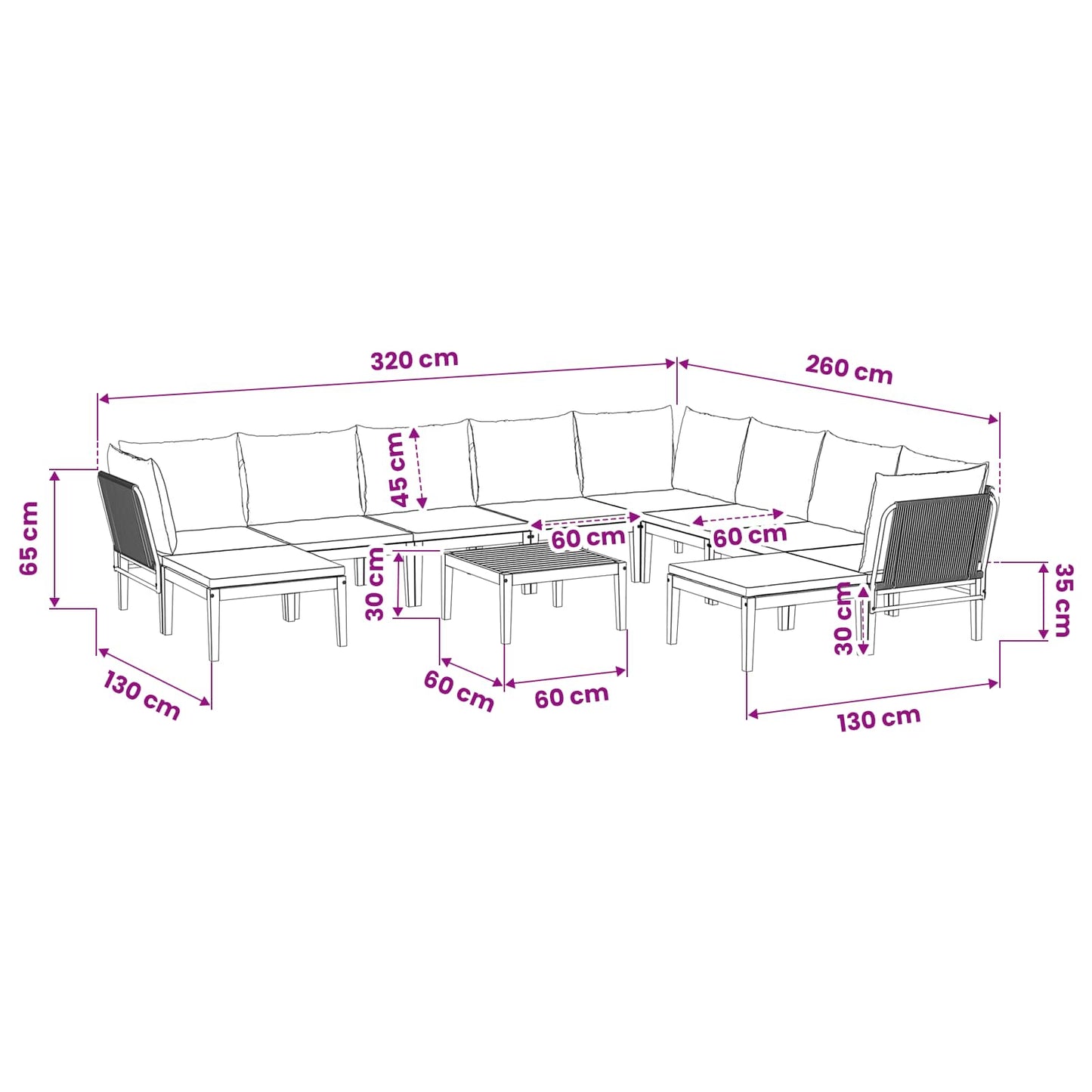 11 pcs Tuin loungeset Massief acaciahout & touw Naturel