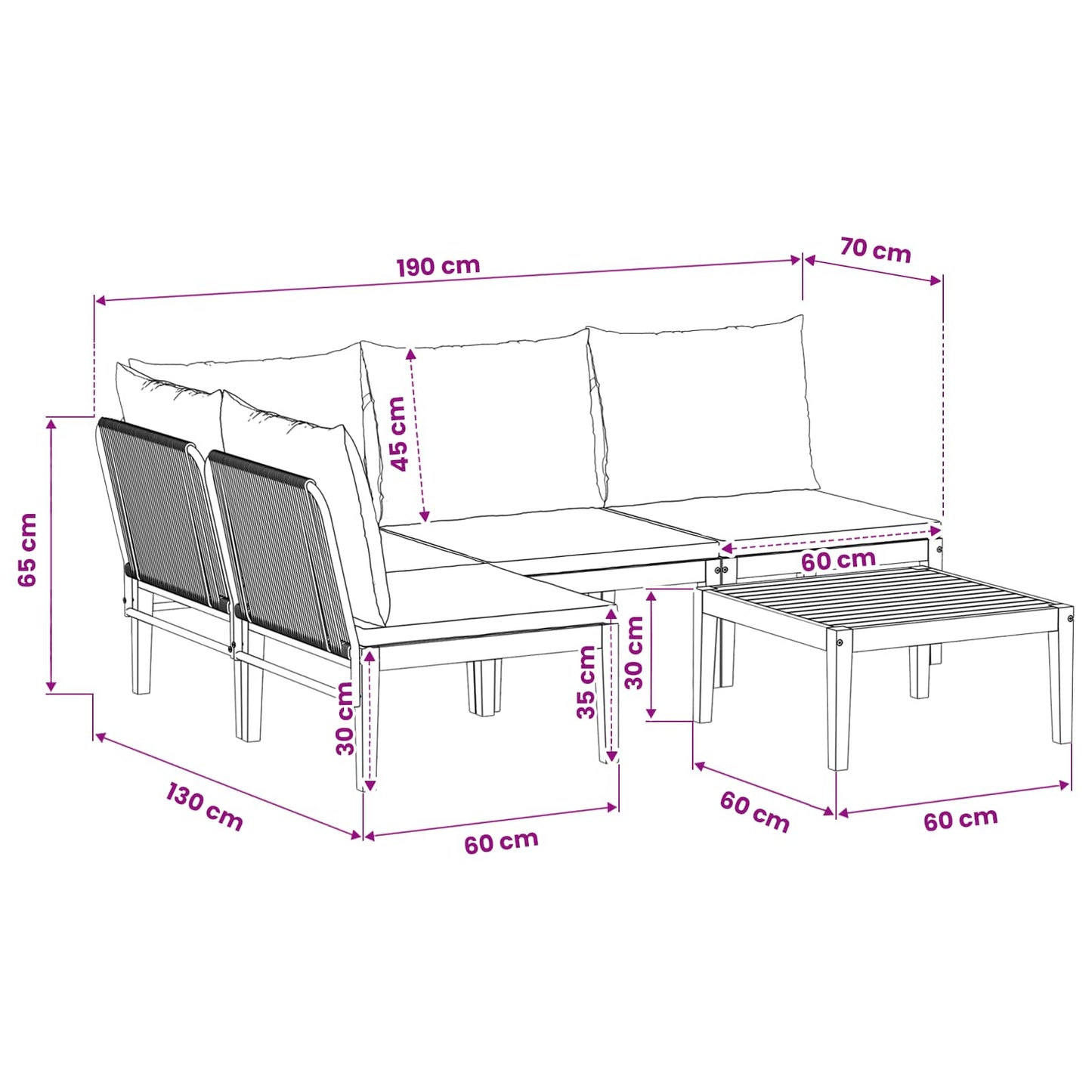 5 pcs Tuin loungeset Massief acaciahout & touw Naturel