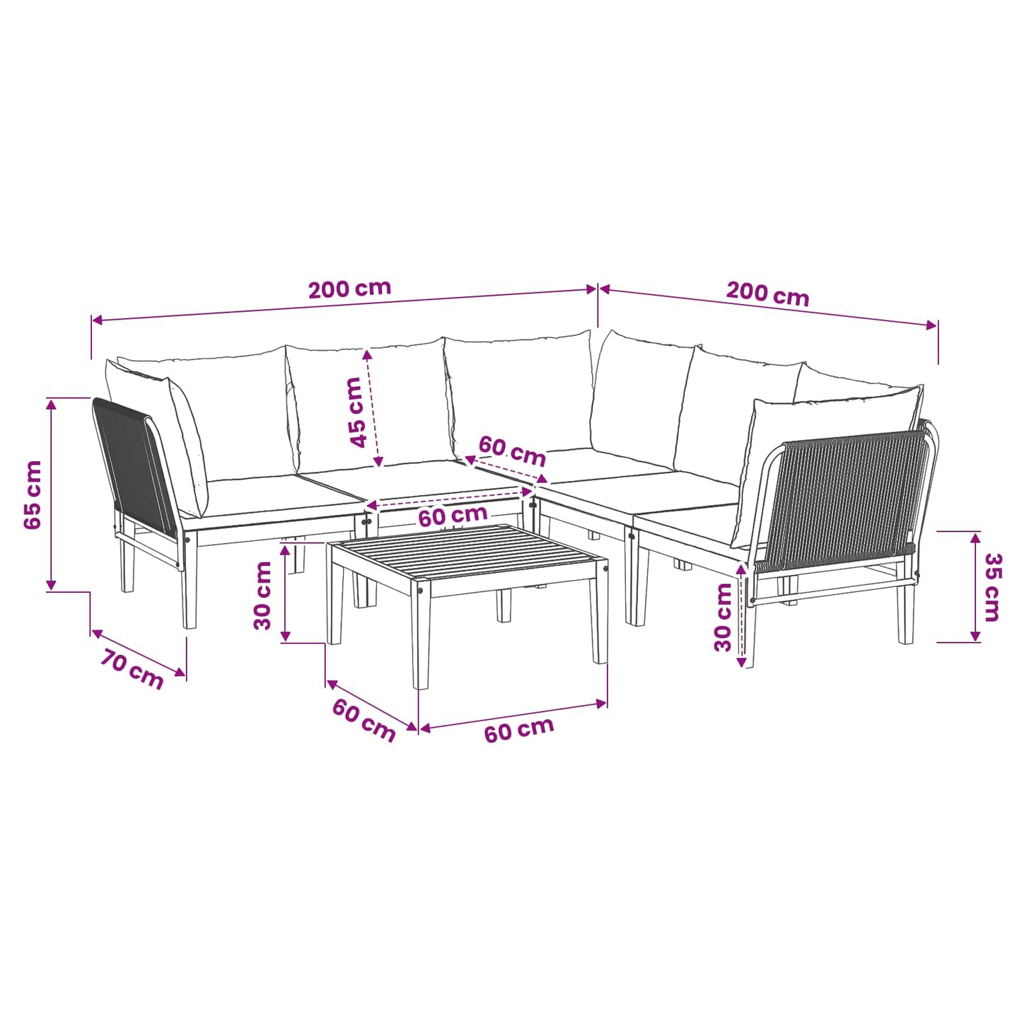 6 pcs Tuin loungeset Massief acaciahout & touw Naturel