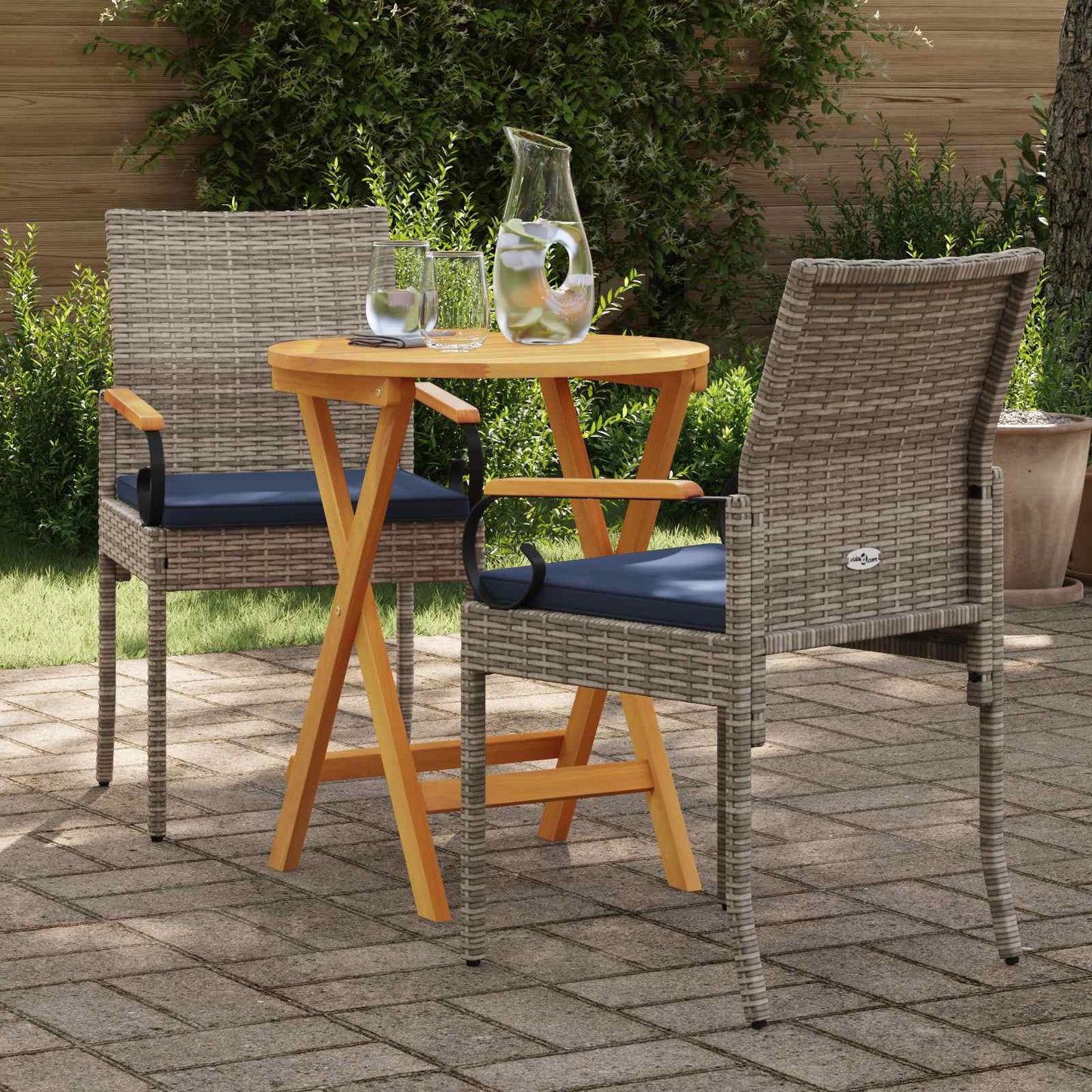Tuinstoelen 2 pcs Grijs en Marineblauw Poly rattan en acacia is nu te koop bij PeponiXL, paradijselijk wonen!