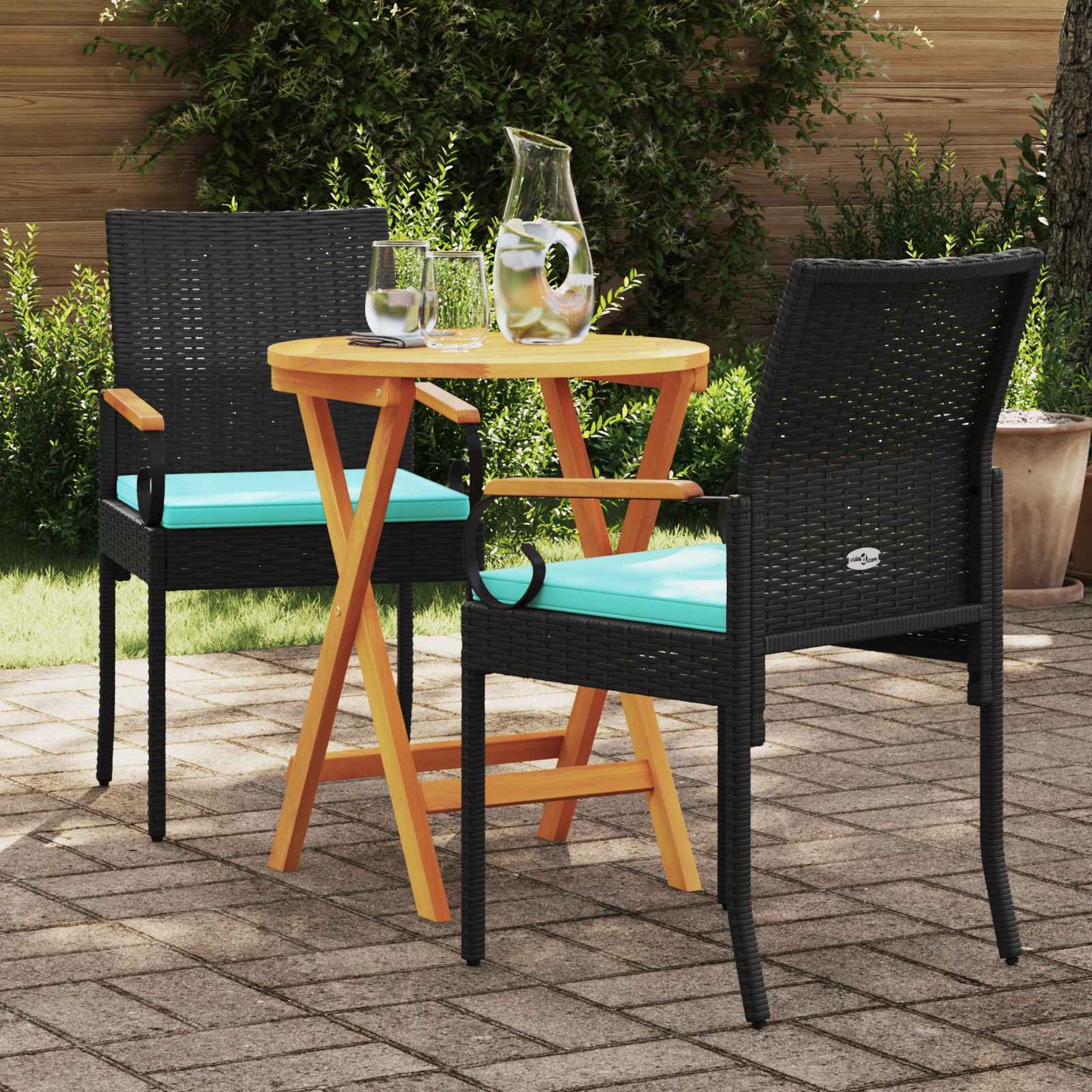 Tuinstoelen 2 pcs Zwart en Turquoise Poly rattan en acacia is nu te koop bij PeponiXL, paradijselijk wonen!