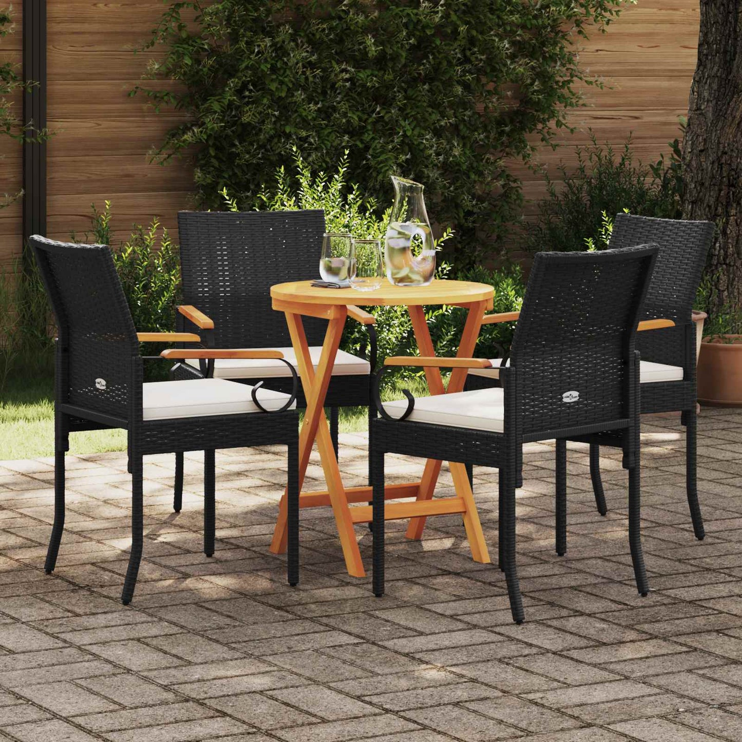 Tuinstoelen 4 pcs Zwart en Cream Wit Poly rattan en acacia is nu te koop bij PeponiXL, paradijselijk wonen!