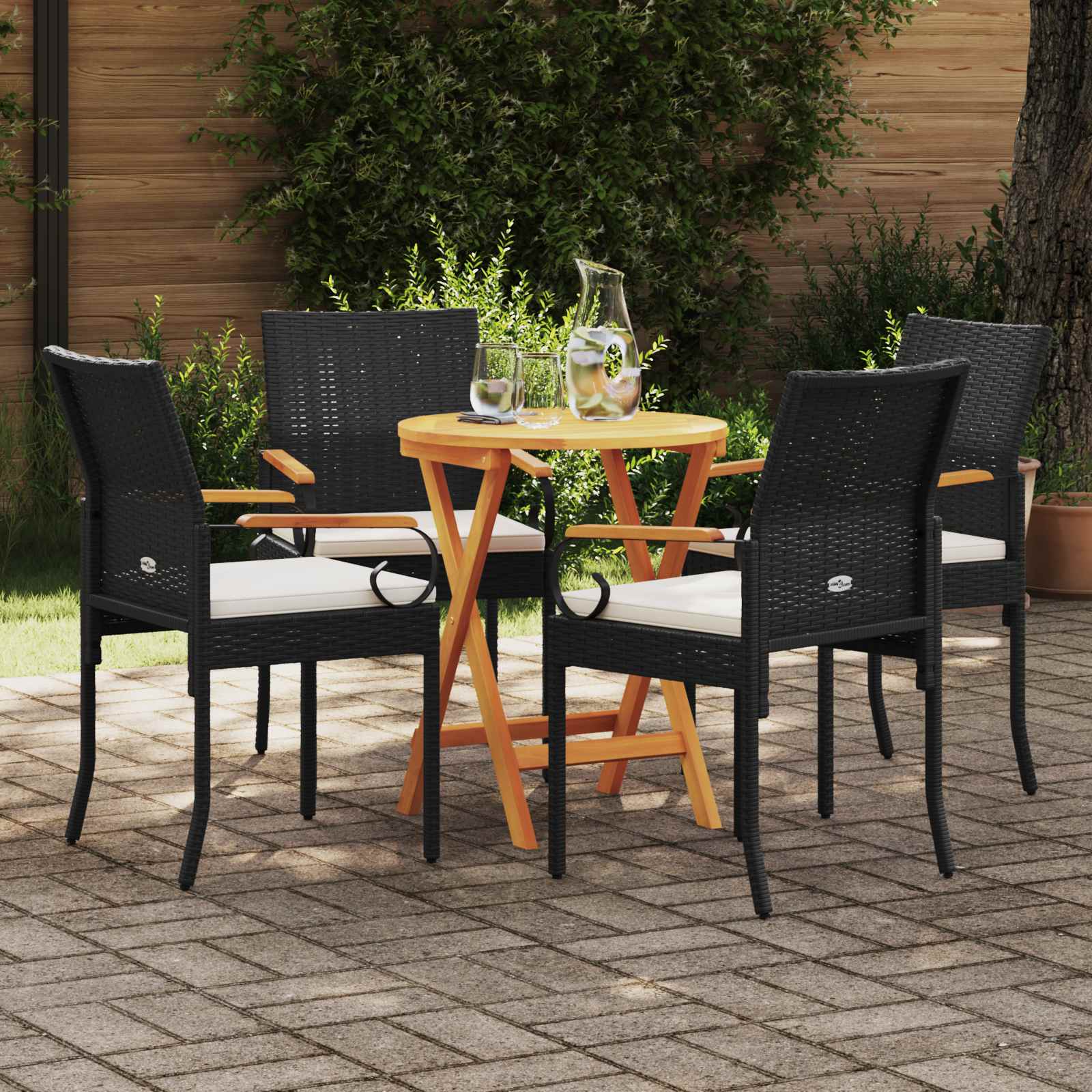 Tuinstoelen 4 pcs Zwart en Cream Wit Poly rattan en acacia is nu te koop bij PeponiXL, paradijselijk wonen!