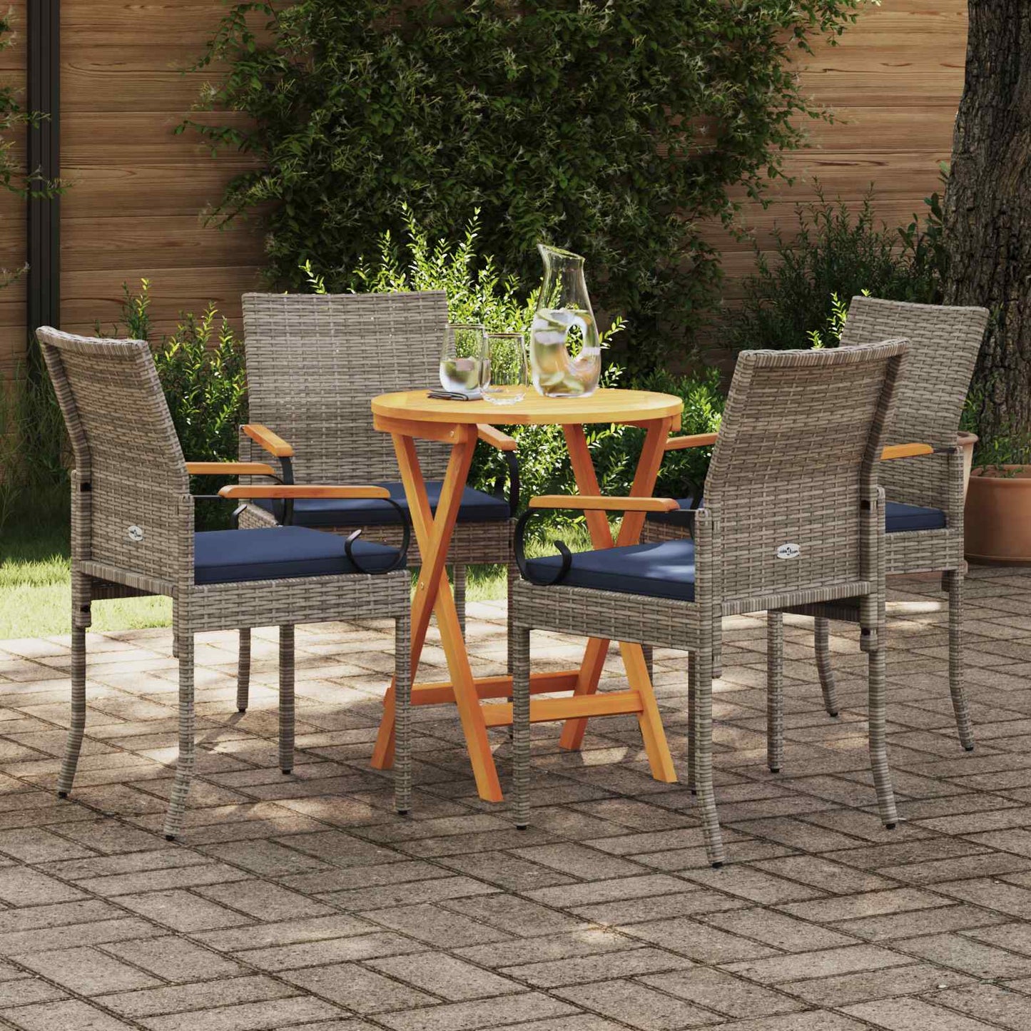 Tuinstoelen 4 pcs Grijs en Marineblauw Poly rattan en acacia is nu te koop bij PeponiXL, paradijselijk wonen!