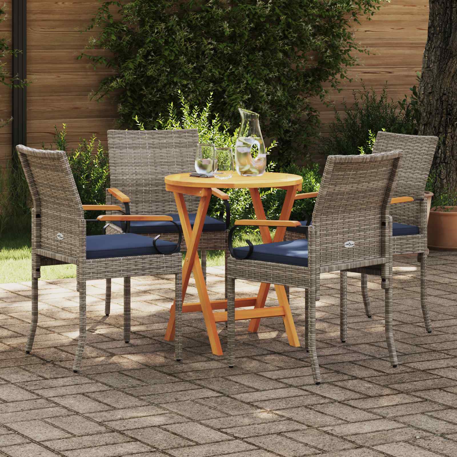 Tuinstoelen 4 pcs Grijs en Marineblauw Poly rattan en acacia is nu te koop bij PeponiXL, paradijselijk wonen!