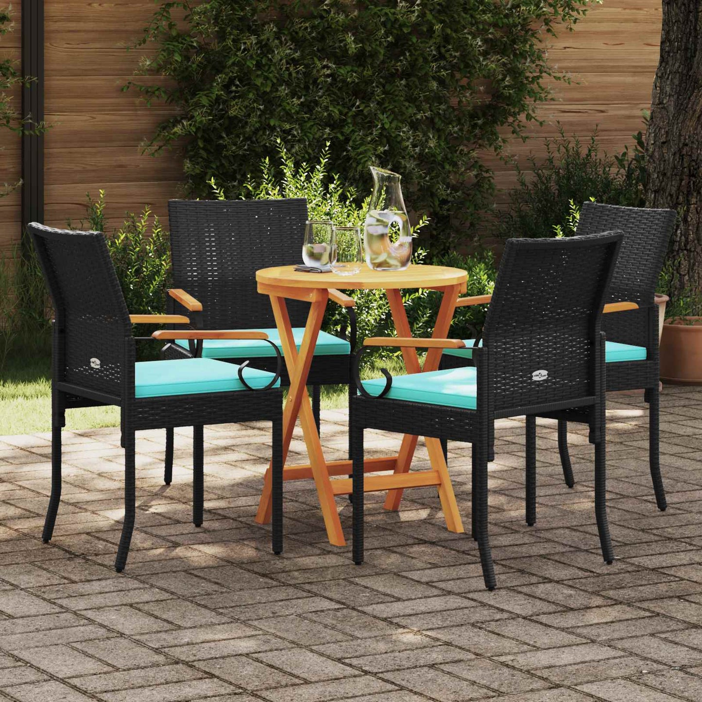 Tuinstoelen 4 pcs Zwart en Turquoise Poly rattan en acacia is nu te koop bij PeponiXL, paradijselijk wonen!