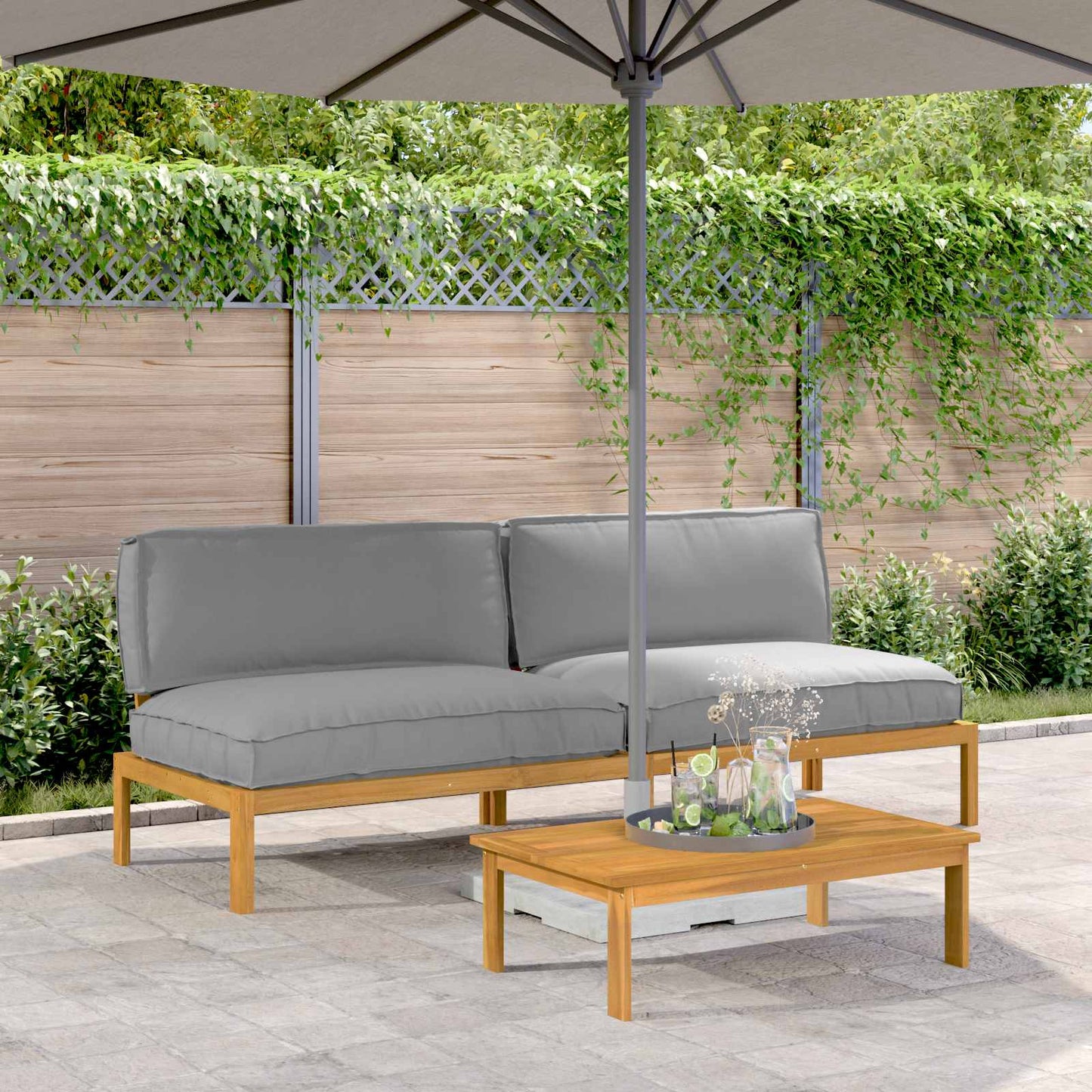 Bankstel met kussen Effen 2 pcs Grijs Massief Acaciahout is nu te koop bij PeponiXL, paradijselijk wonen!