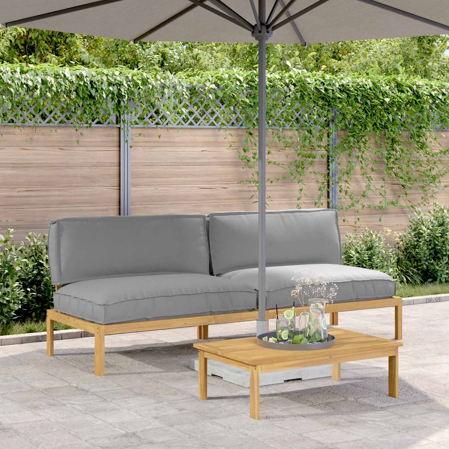 Bankstel met kussen Effen 2 pcs Grijs Massief Acaciahout is nu te koop bij PeponiXL, paradijselijk wonen!