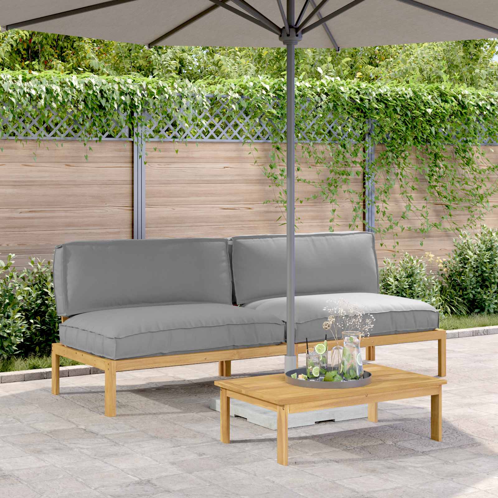 Bankstel met kussen Effen 2 pcs Grijs Massief Acaciahout is nu te koop bij PeponiXL, paradijselijk wonen!