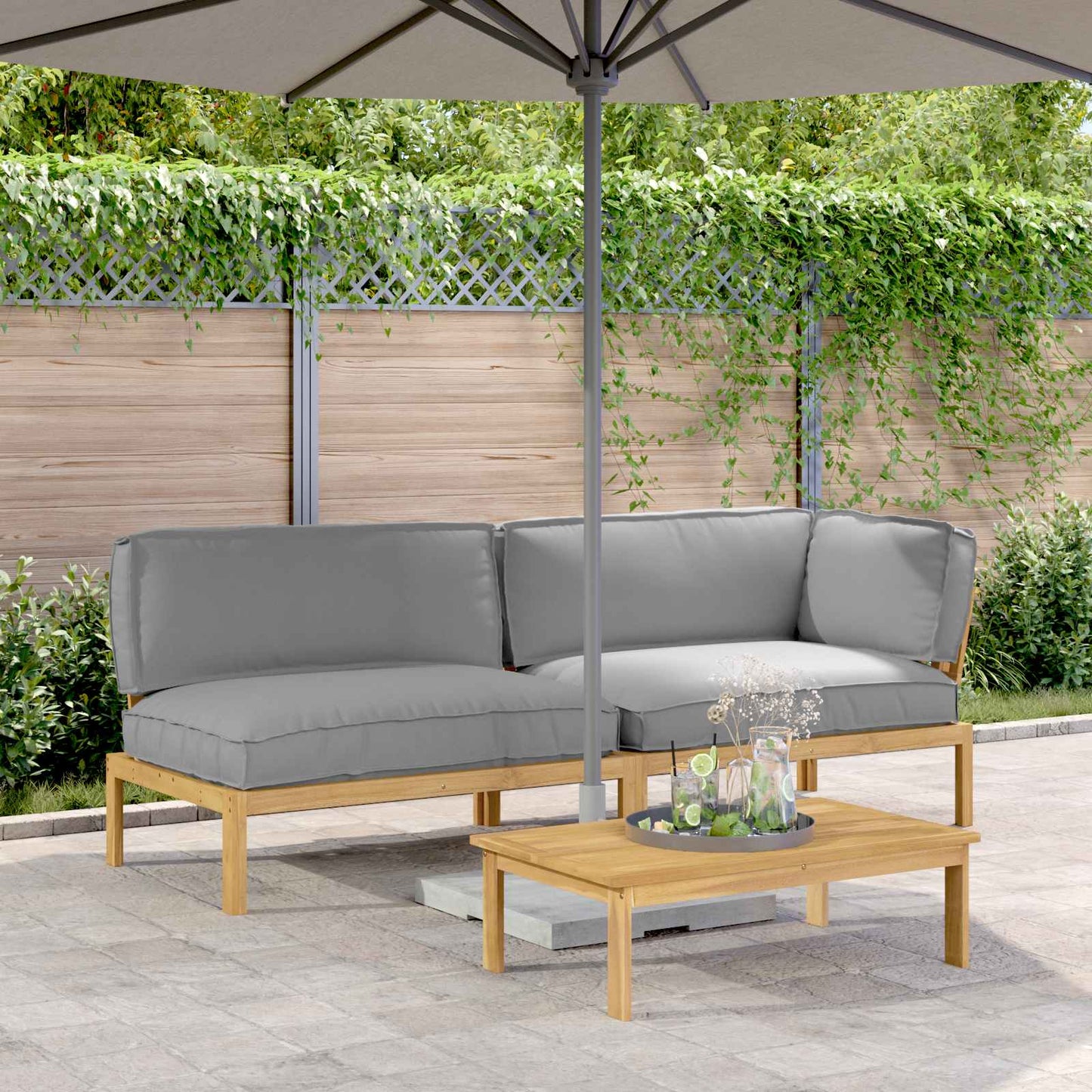 Bankstel met kussen Effen 3 pcs Grijs Massief Acaciahout