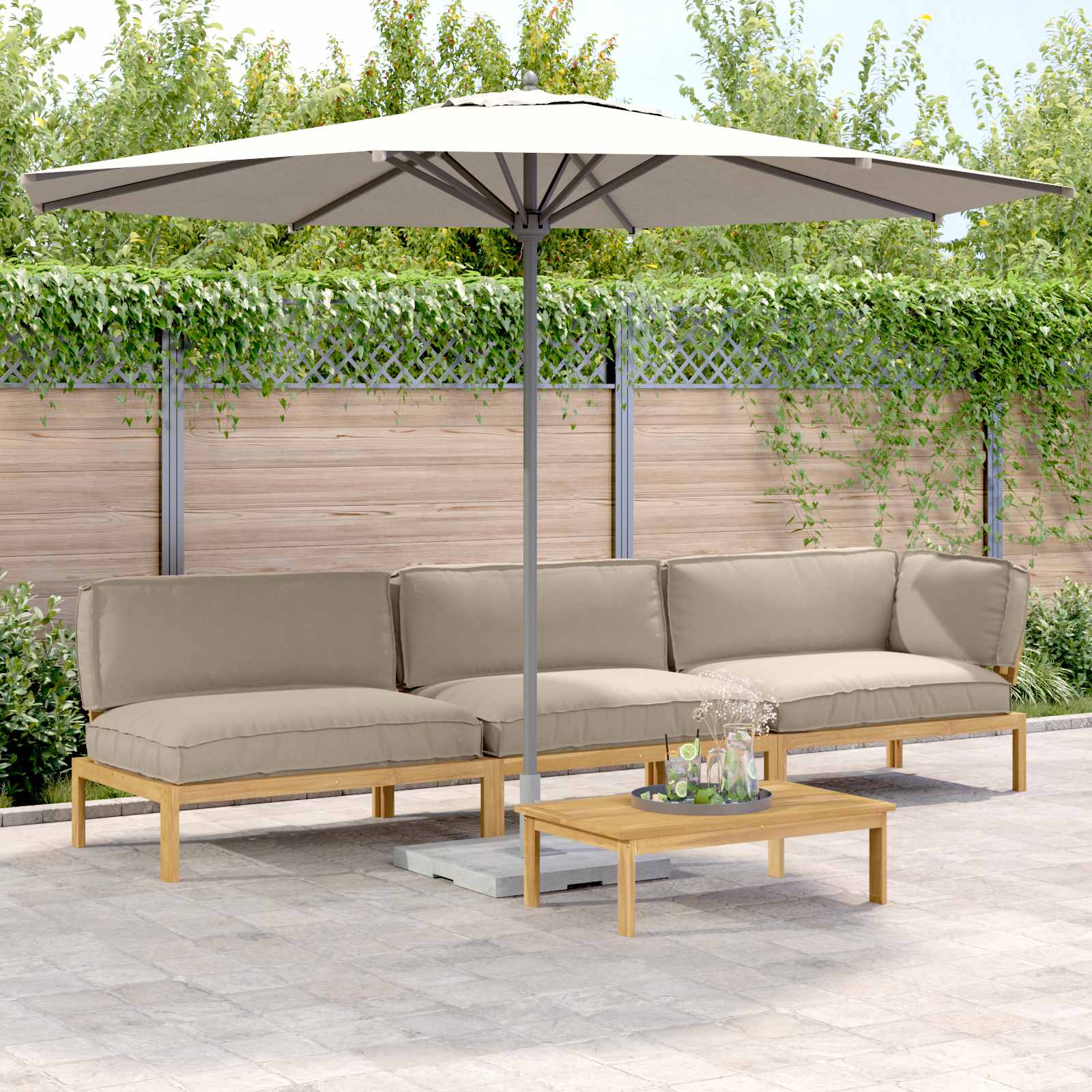 Bankstel met kussen Effen 4 pcs Taupe Massief Acaciahout is nu te koop bij PeponiXL, paradijselijk wonen!