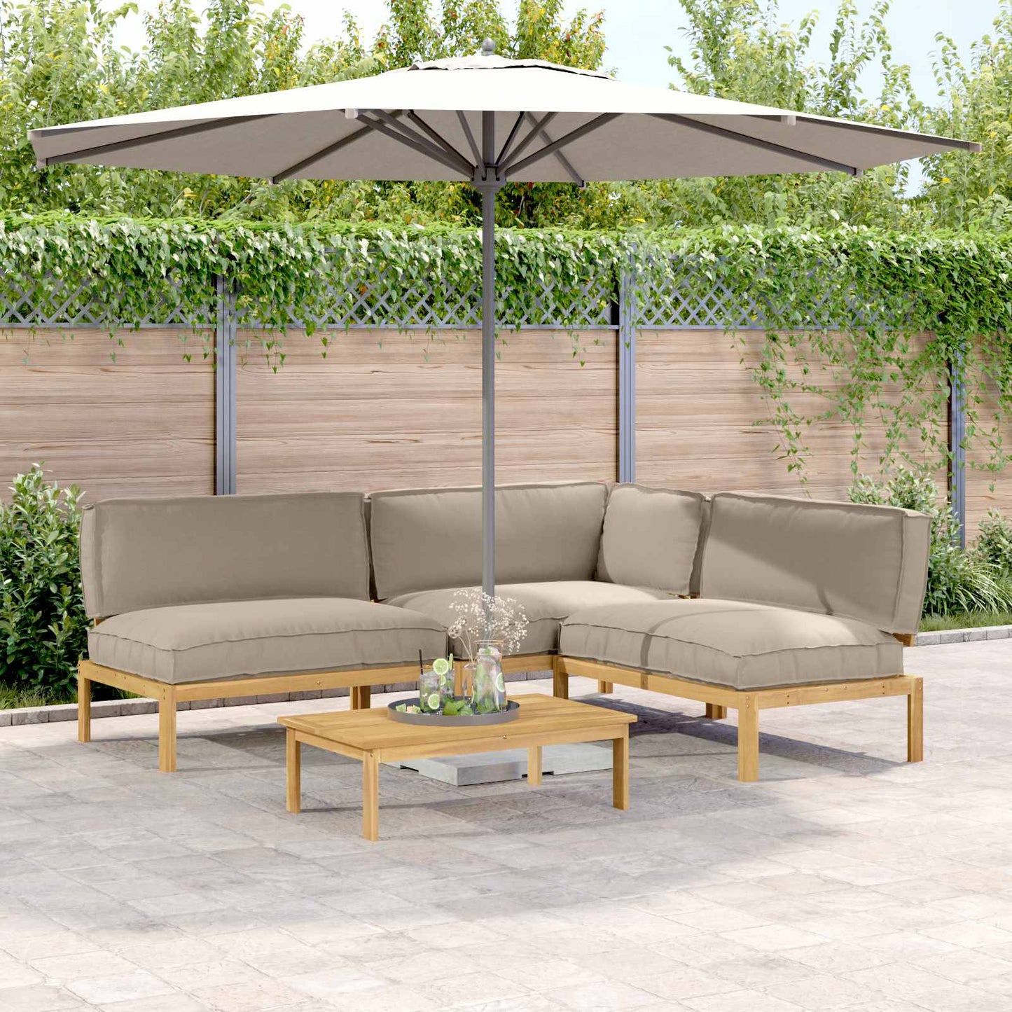 Bankstel met kussen Effen 4 pcs Taupe Massief Acaciahout is nu te koop bij PeponiXL, paradijselijk wonen!