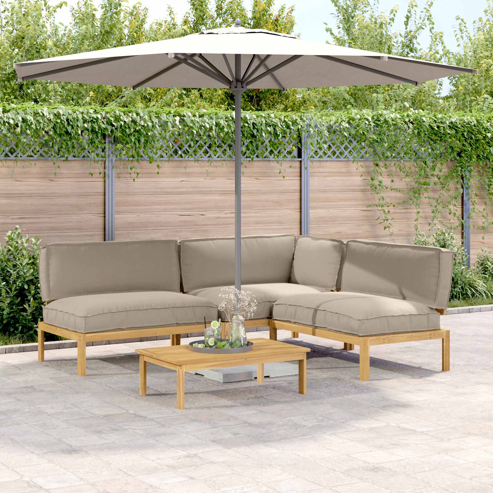 Bankstel met kussen Effen 4 pcs Taupe Massief Acaciahout is nu te koop bij PeponiXL, paradijselijk wonen!