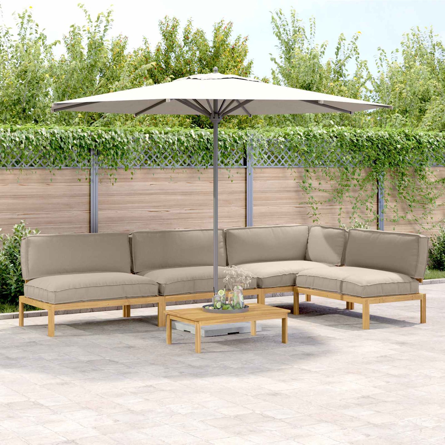 Bankstel met kussen Effen 5 pcs Taupe Massief Acaciahout