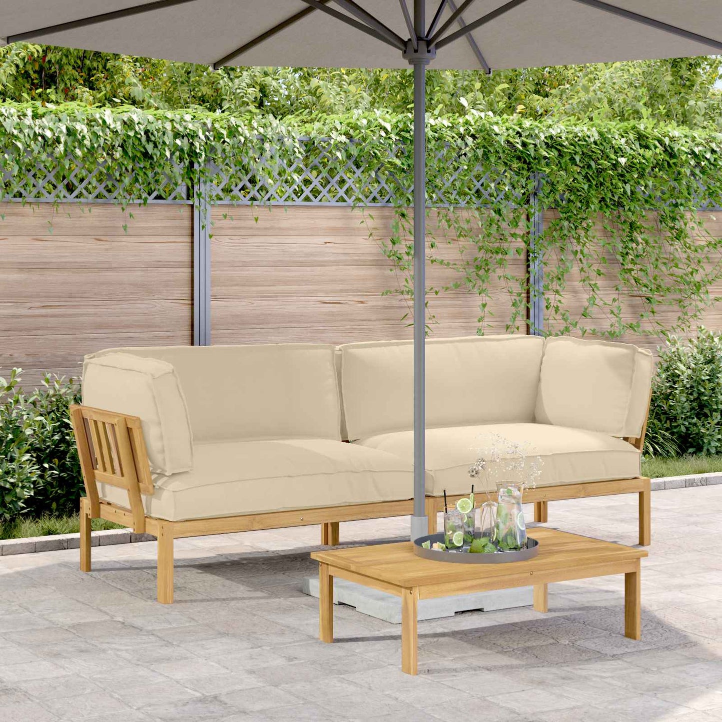 Bankstel met kussen Effen 2 pcs Beige Massief Acaciahout