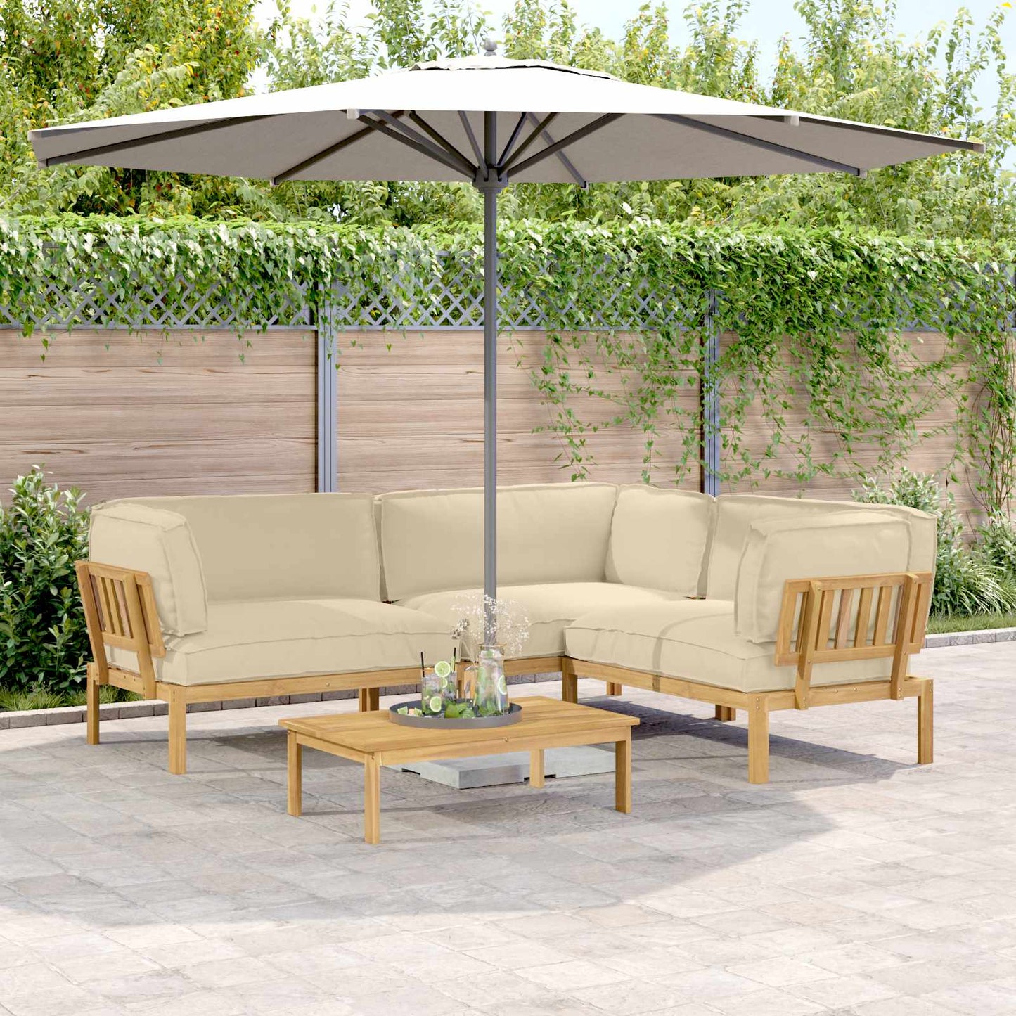 Bankstel met kussen Effen 4 pcs Beige Massief Acaciahout