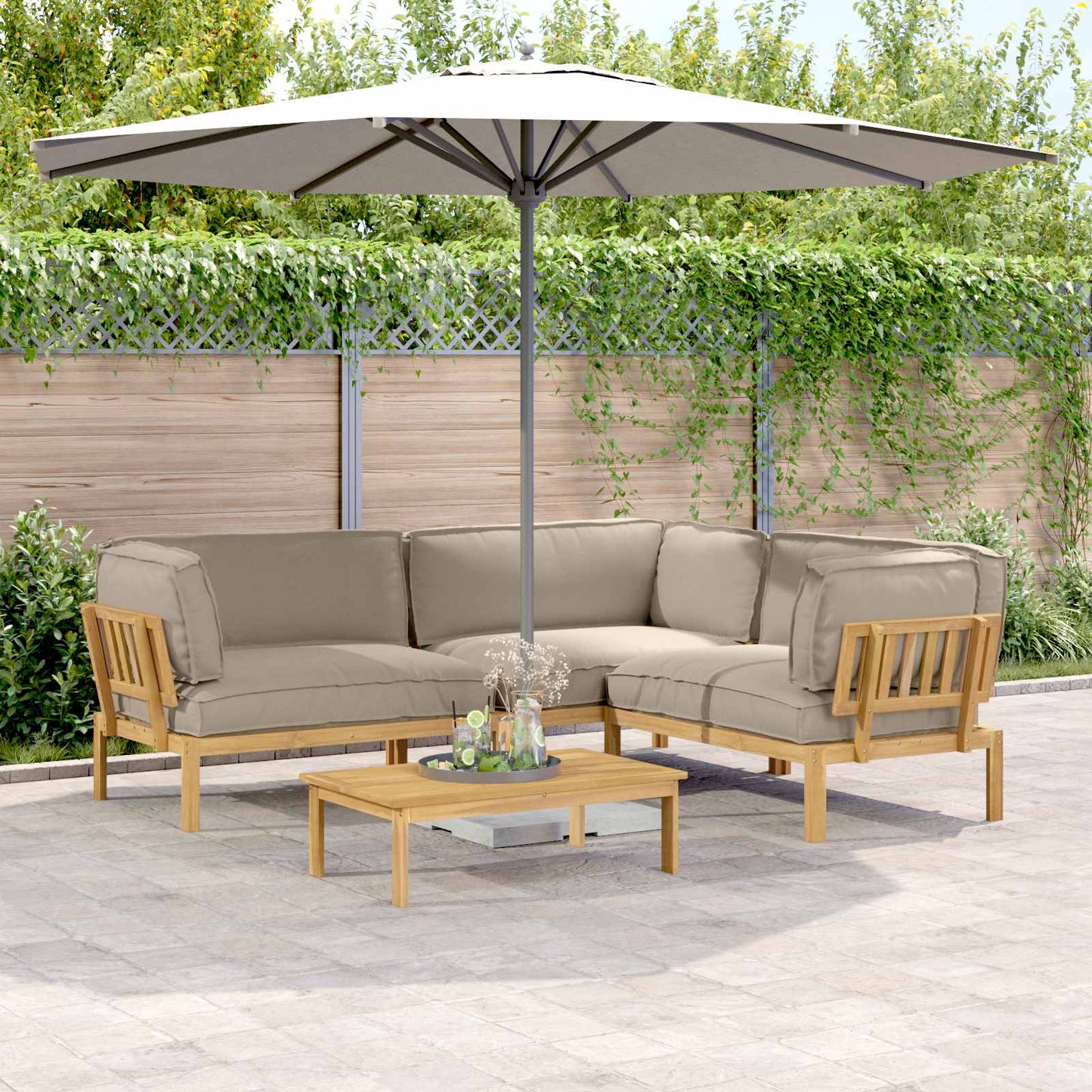 Bankstel met kussen Effen 4 pcs Taupe Massief Acaciahout is nu te koop bij PeponiXL, paradijselijk wonen!