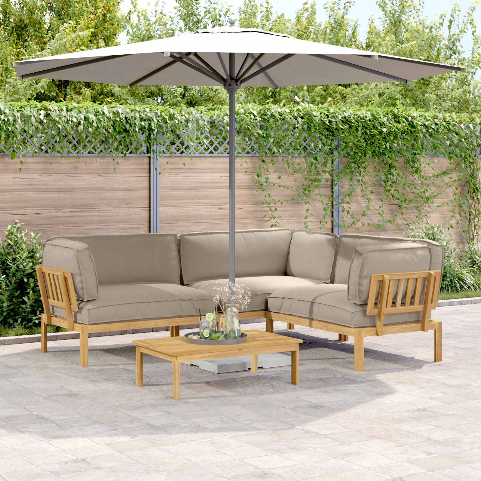 Bankstel met kussen Effen 4 pcs Taupe Massief Acaciahout is nu te koop bij PeponiXL, paradijselijk wonen!