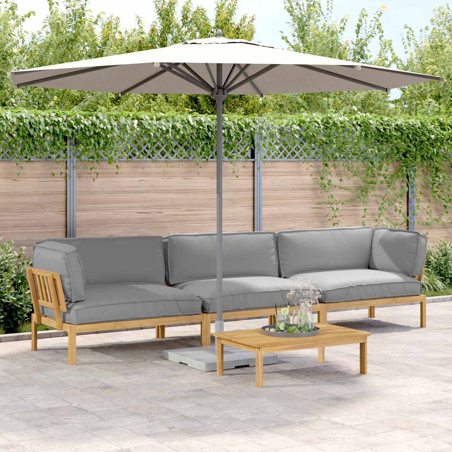Bankstel met kussen Effen 4 pcs Grijs Massief Acaciahout