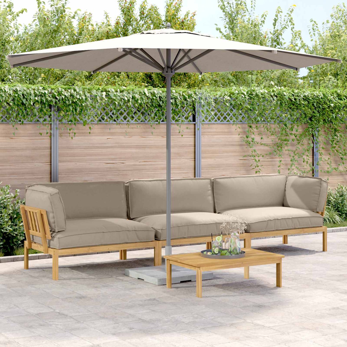 Bankstel met kussen Effen 4 pcs Taupe Massief Acaciahout
