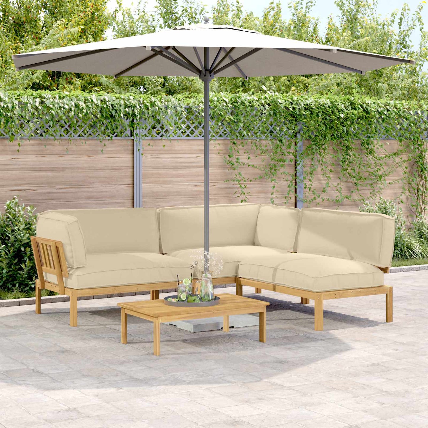 Bankstel met kussen Effen 4 pcs Beige Massief Acaciahout