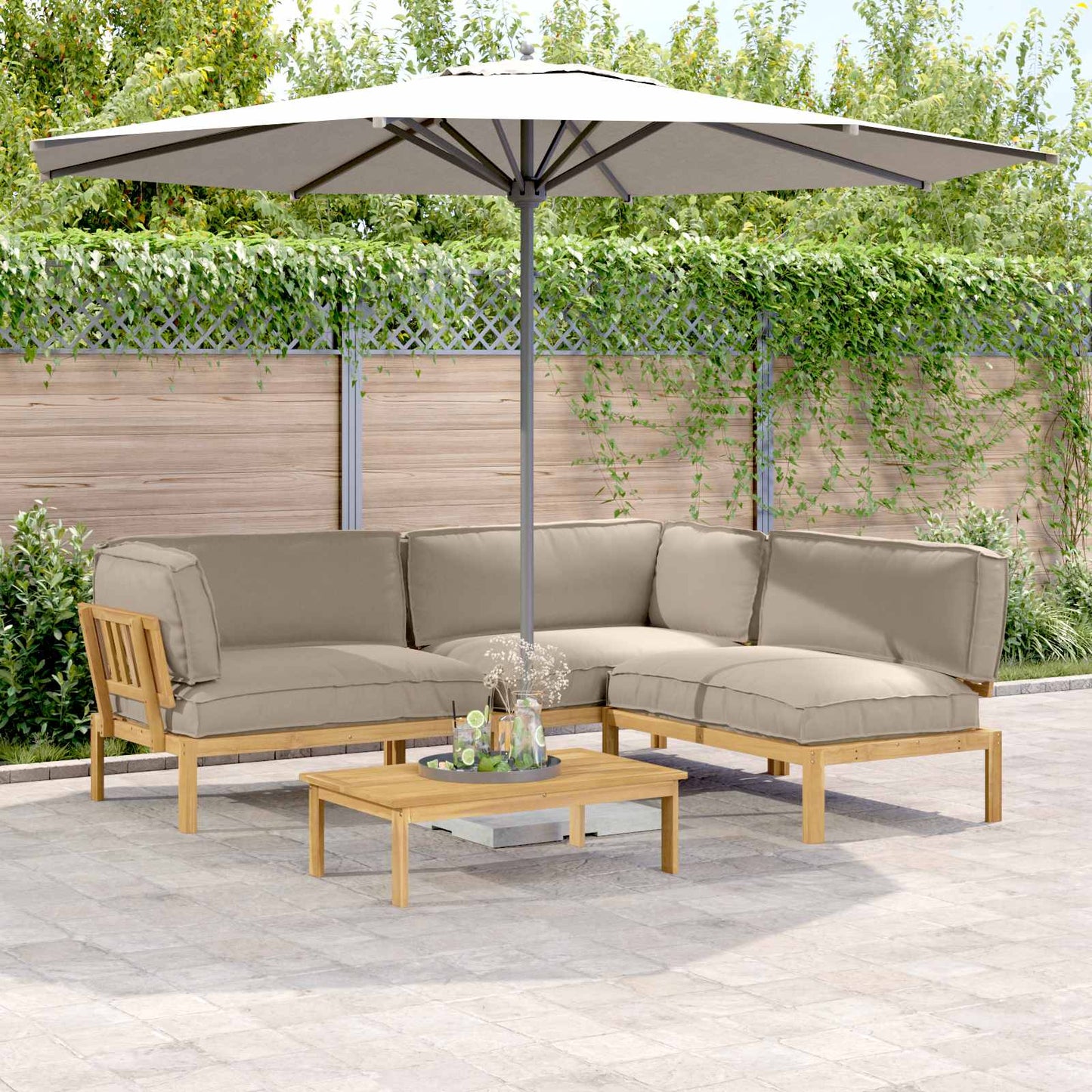 Bankstel met kussen Effen 4 pcs Taupe Massief Acaciahout