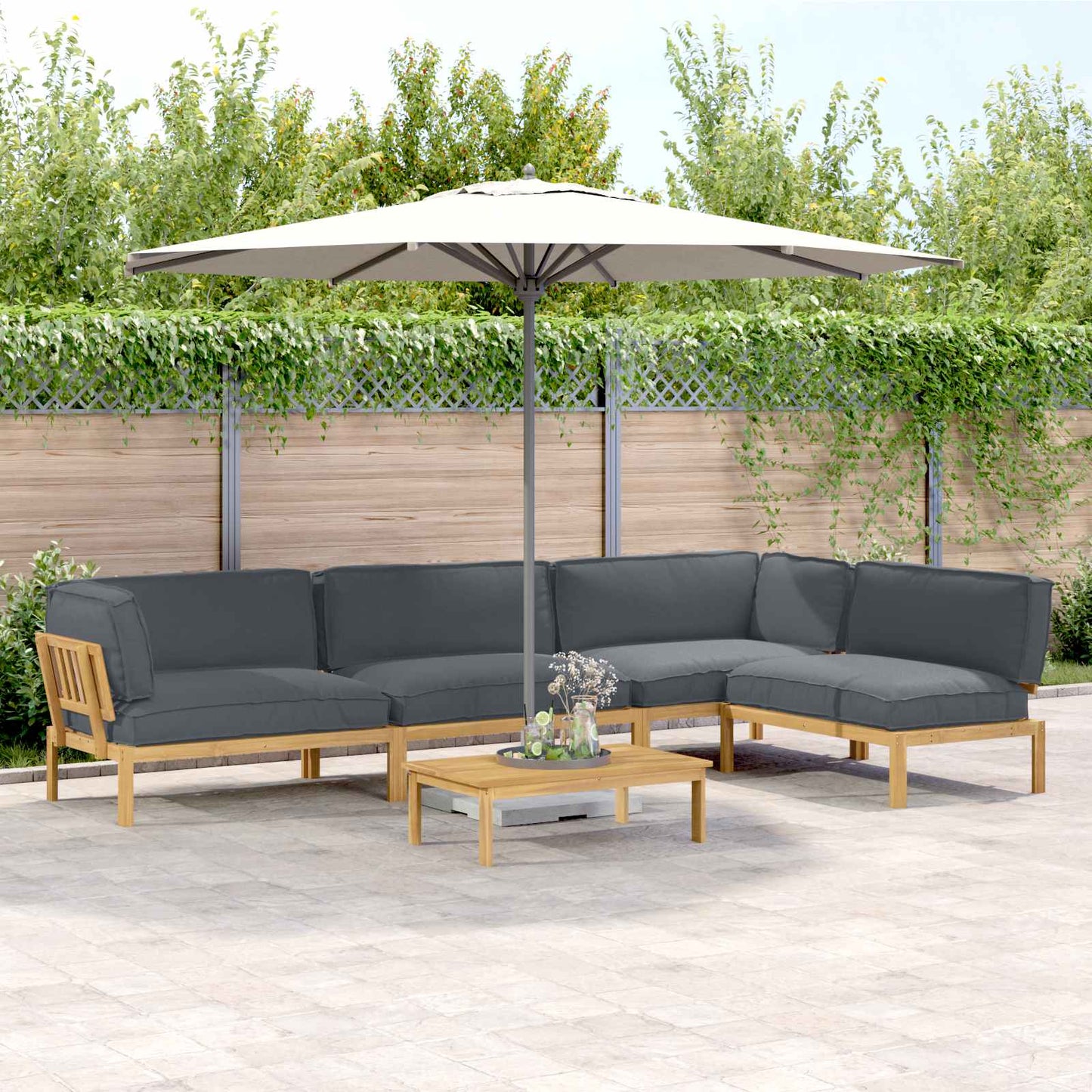 Bankstel met kussen Effen 5 pcs Antraciet Massief Acaciahout