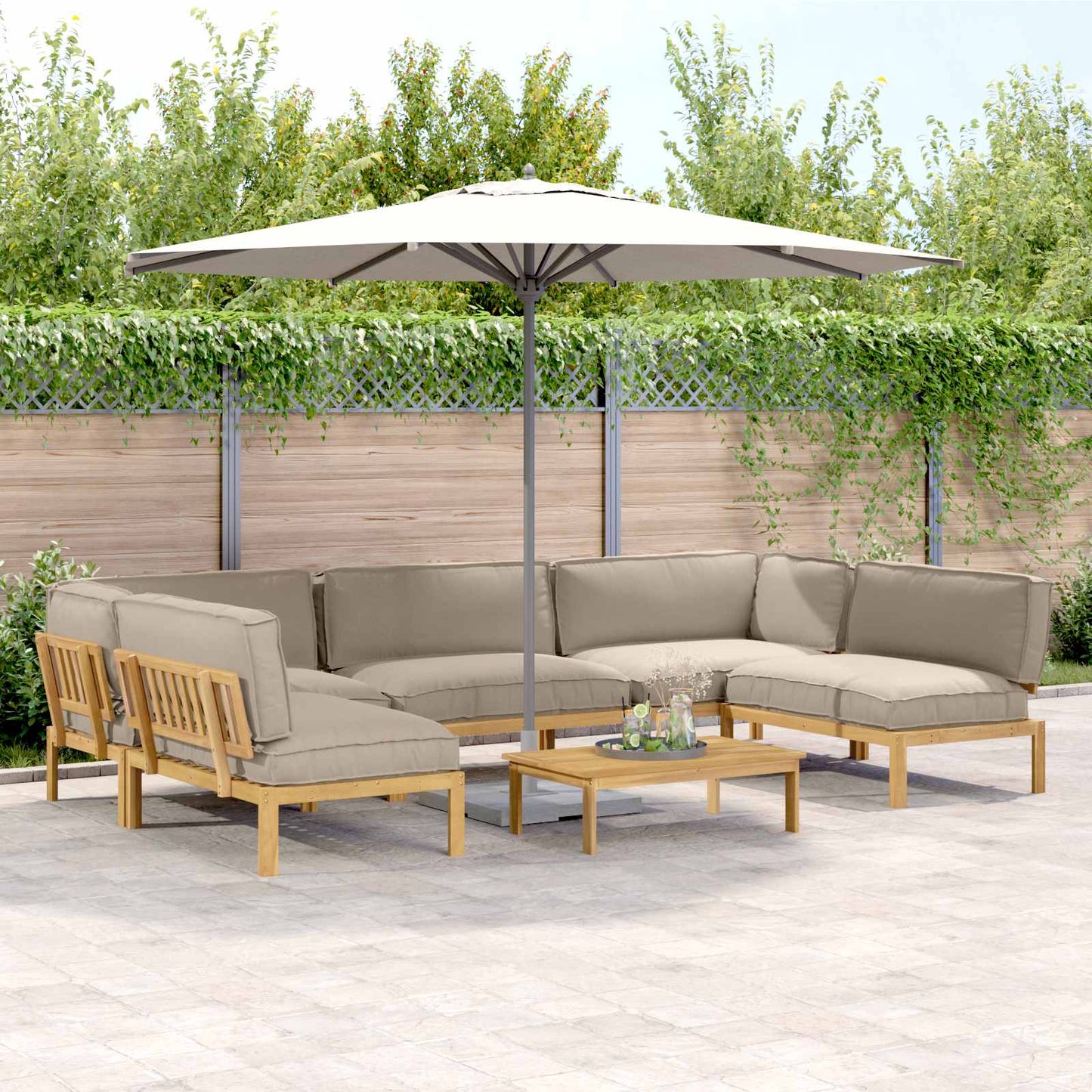 Bankstel met kussen Effen 6 pcs Taupe Massief Acaciahout