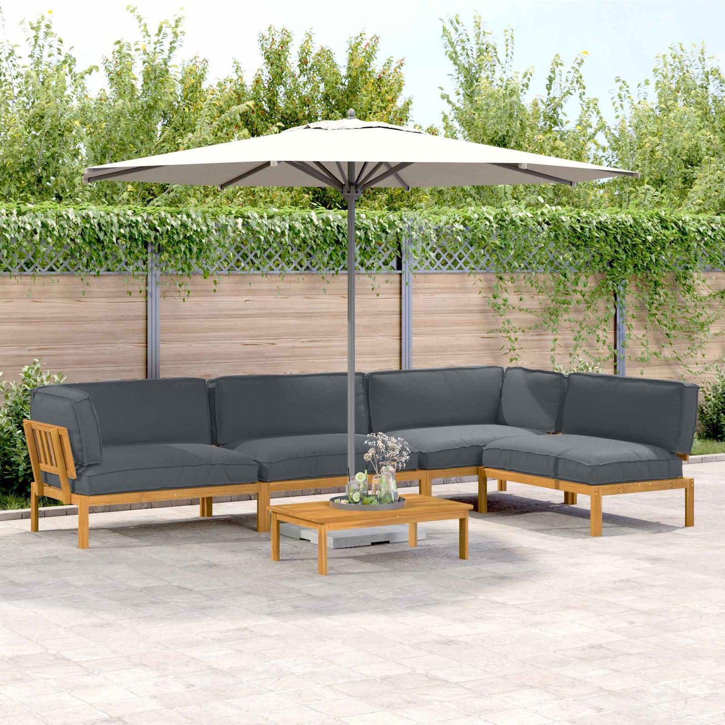 Bankstel met kussen Effen 5 pcs Antraciet Massief Acaciahout