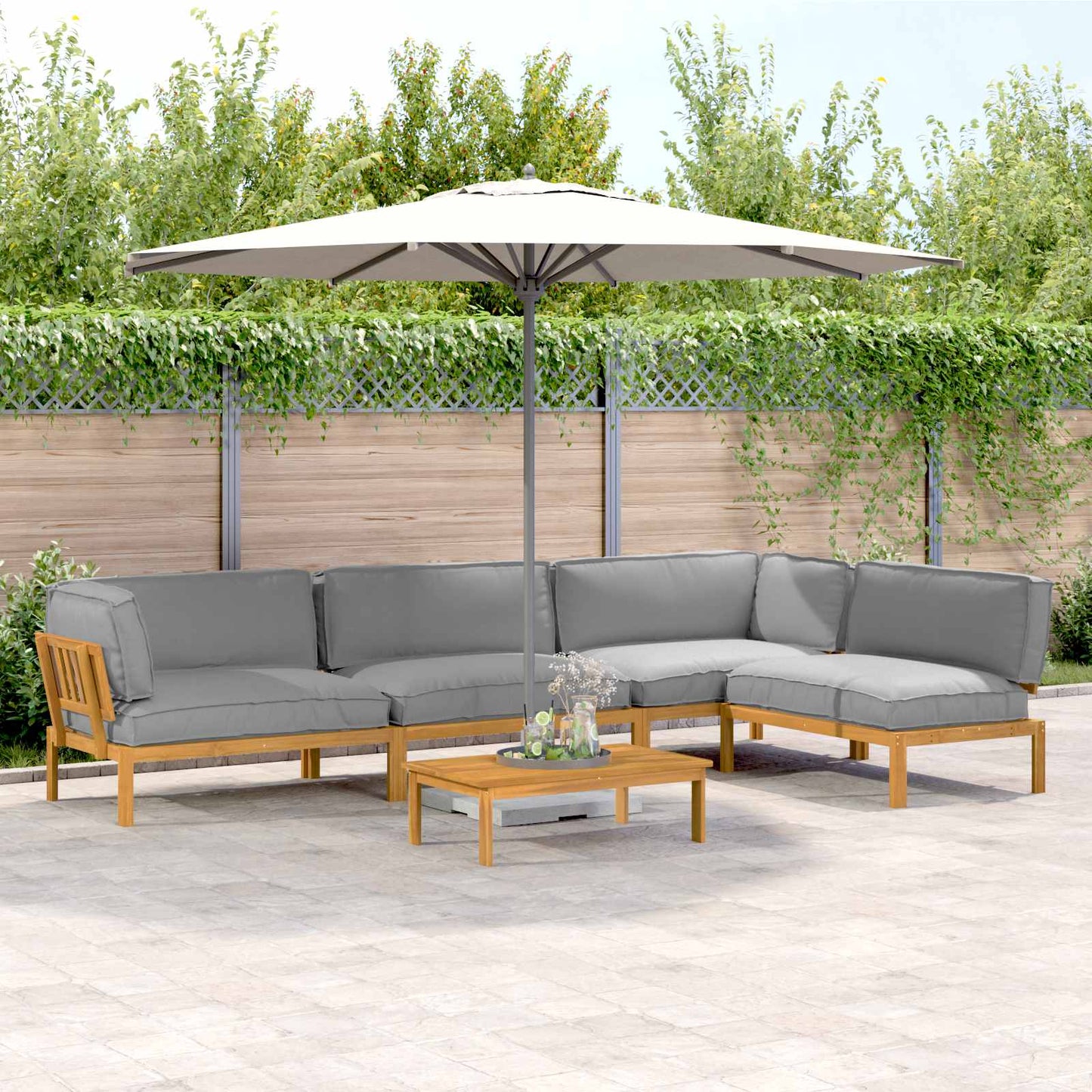 Bankstel met kussen Effen 5 pcs Grijs Massief Acaciahout