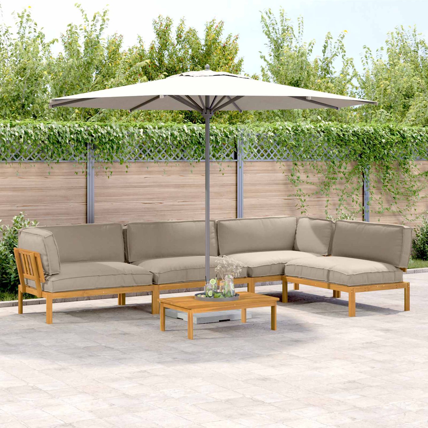 Bankstel met kussen Effen 5 pcs Taupe Massief Acaciahout