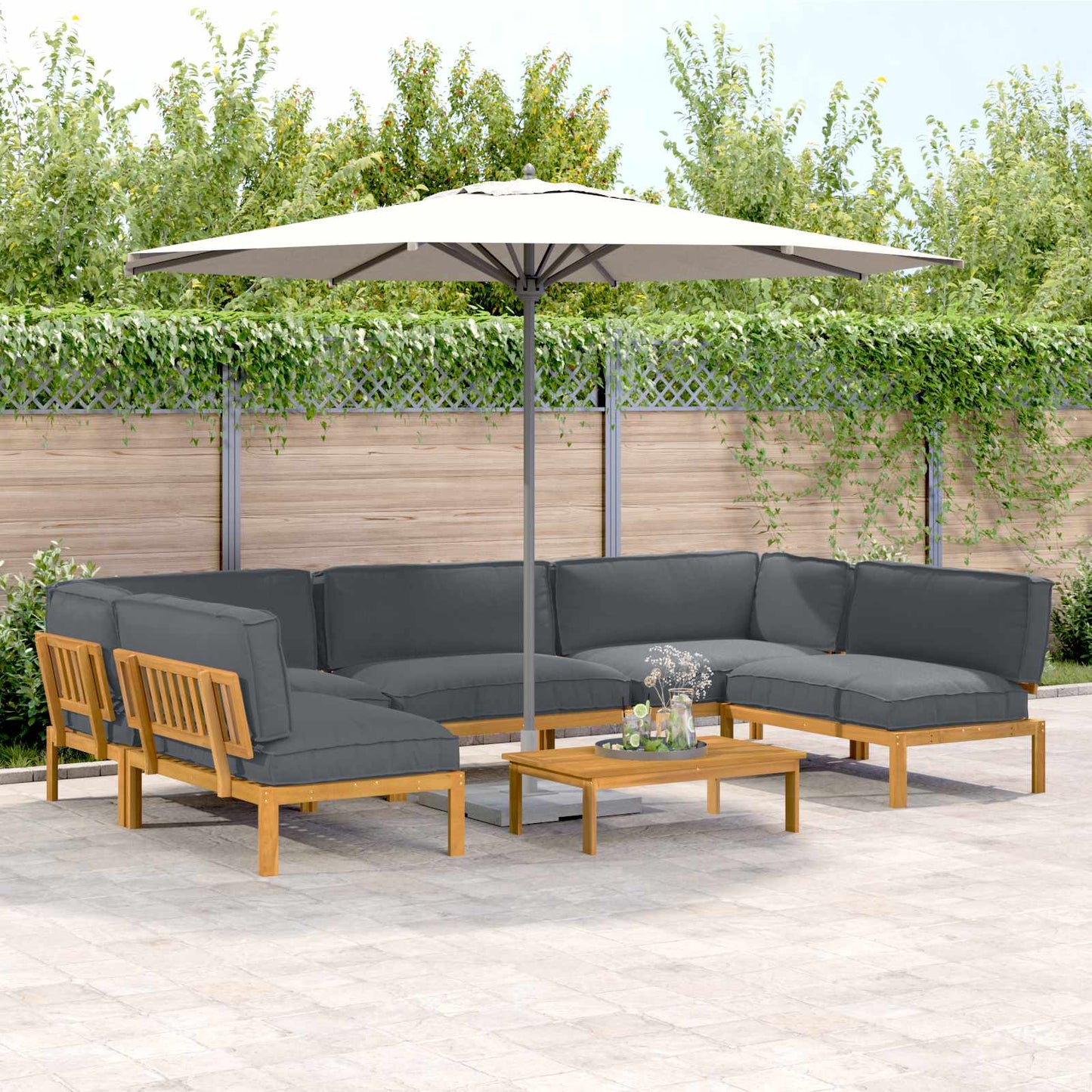 Bankstel met kussen Effen 6 pcs Antraciet Massief Acaciahout