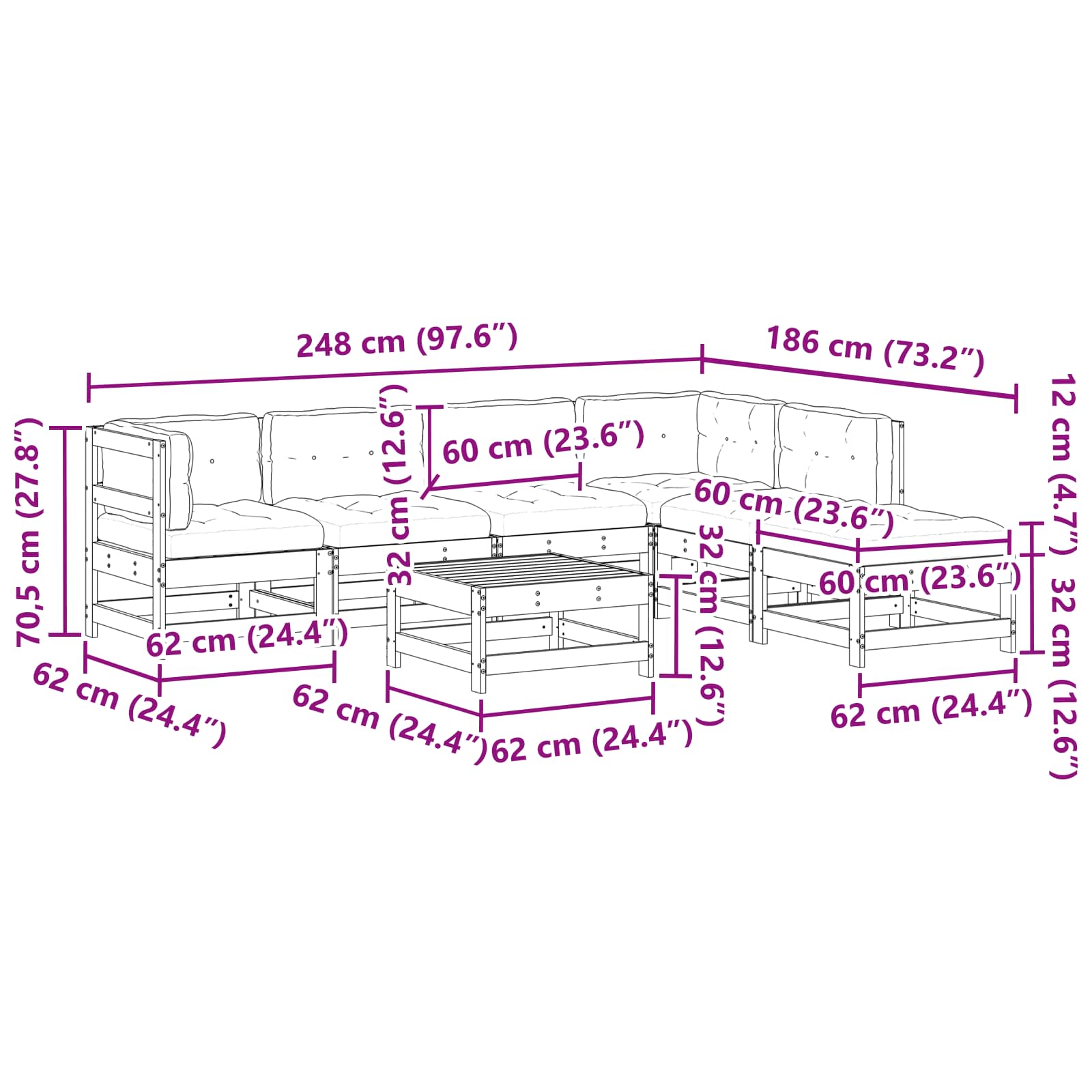 Tuin loungeset 7 pcs Wasbruin Massief grenenhout is nu te koop bij PeponiXL, paradijselijk wonen!