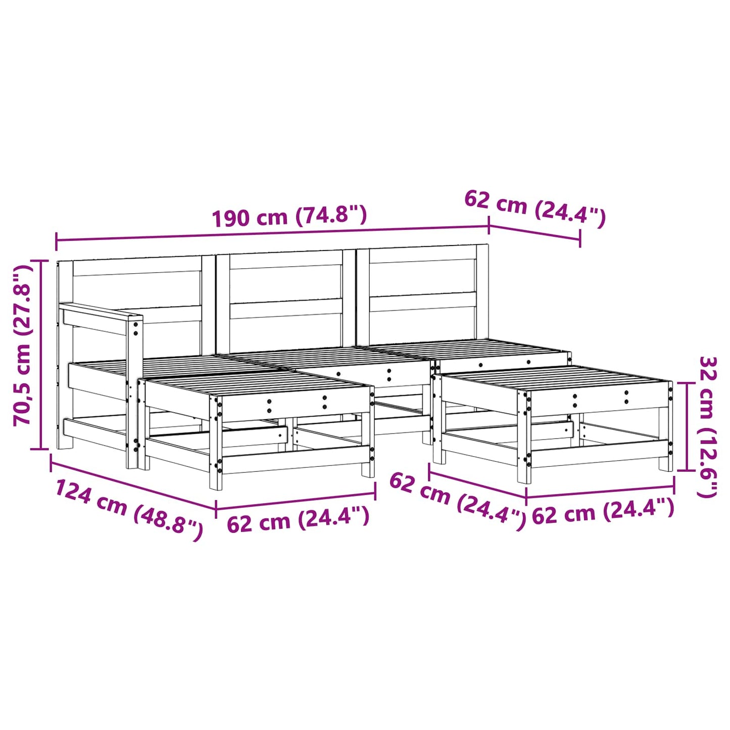 Tuin loungeset 5 pcs Wasbruin Massief grenenhout is nu te koop bij PeponiXL, paradijselijk wonen!