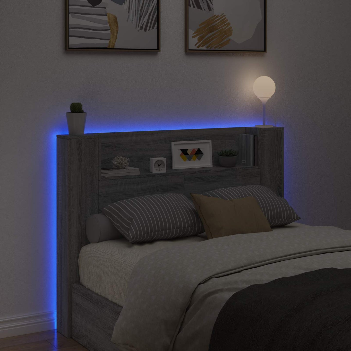 Hoofdbord Kast met LED Grijze Sonoma 140 x 16,5 x 103,5 cm is nu te koop bij PeponiXL, paradijselijk wonen!