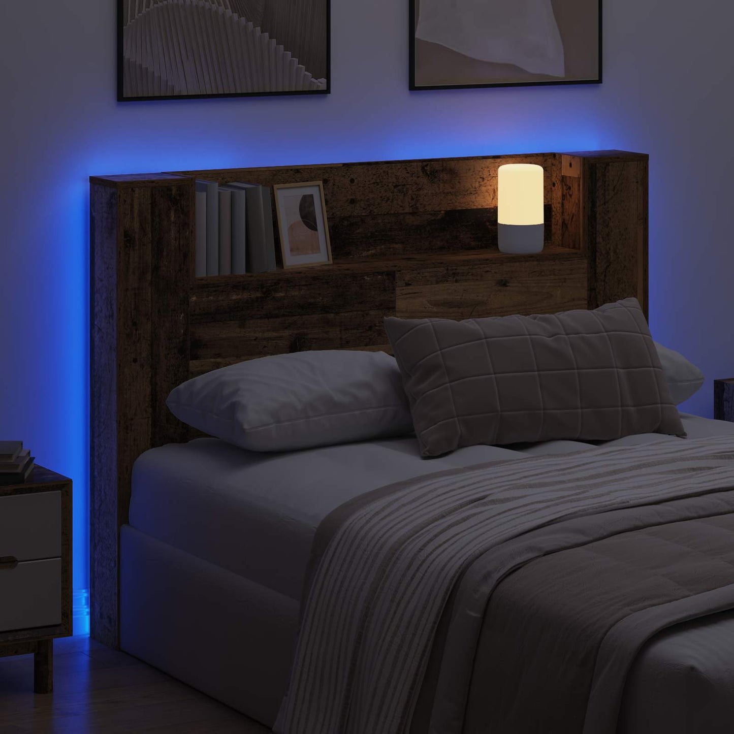 Hoofdbord Kast met LED met plank Oudhout 140 x 16,5 x 103,5 cm is nu te koop bij PeponiXL, paradijselijk wonen!