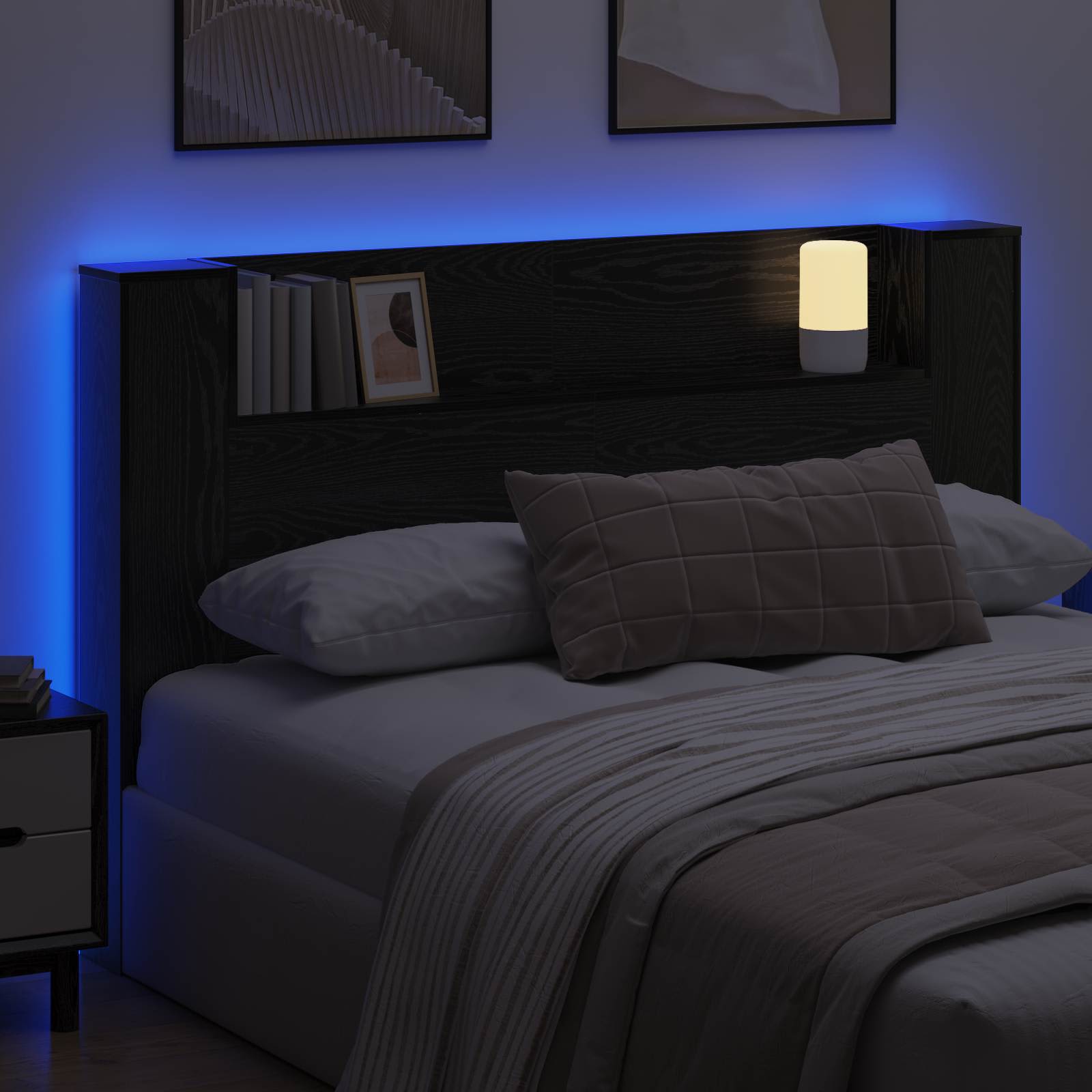 Hoofdbord Kast met LED Zwarte Eik 160 x 16,5 x 103,5 cm is nu te koop bij PeponiXL, paradijselijk wonen!