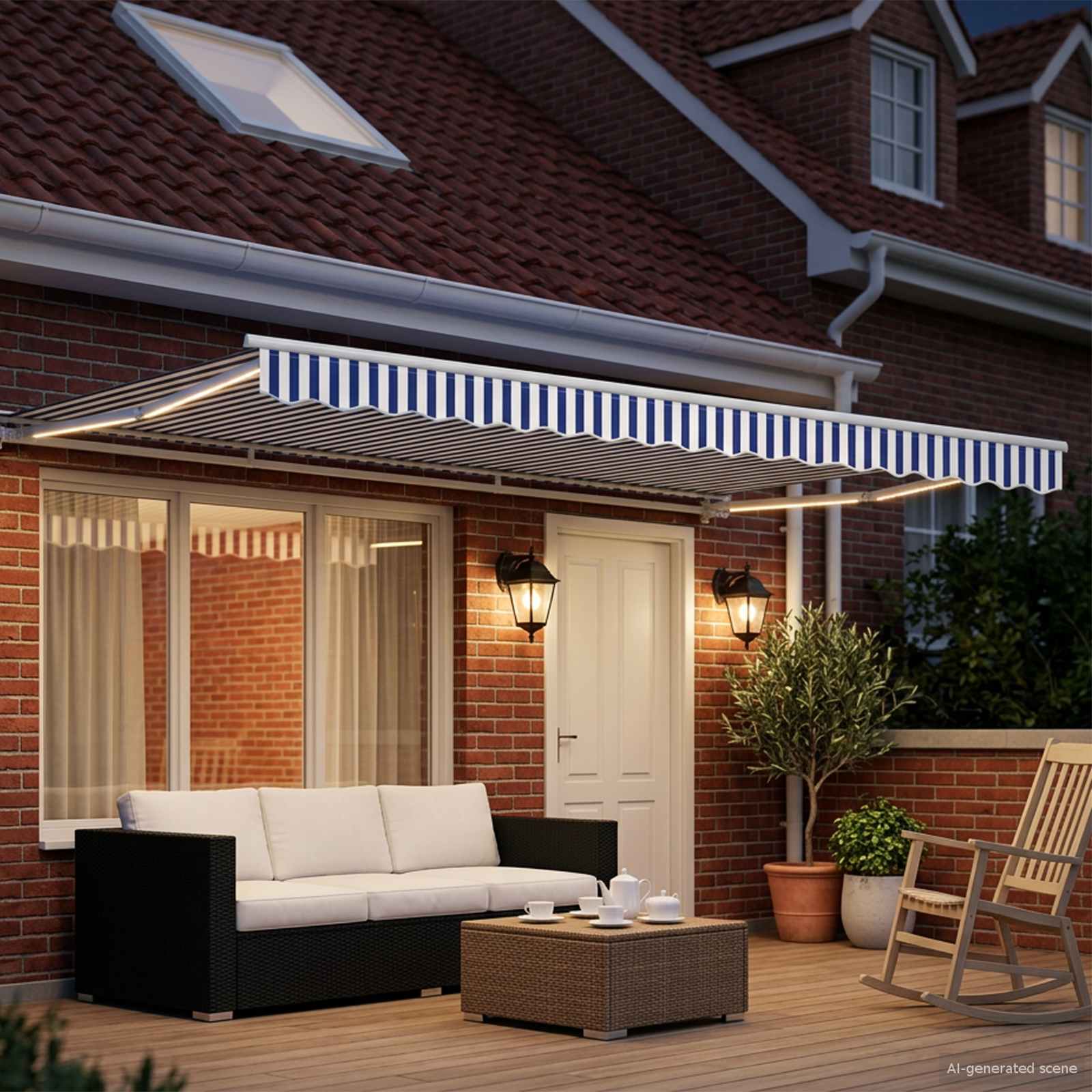 Handmatige Luifelhouder met LED's Blauw en Wit 5 x 3 m is nu te koop bij PeponiXL, paradijselijk wonen!