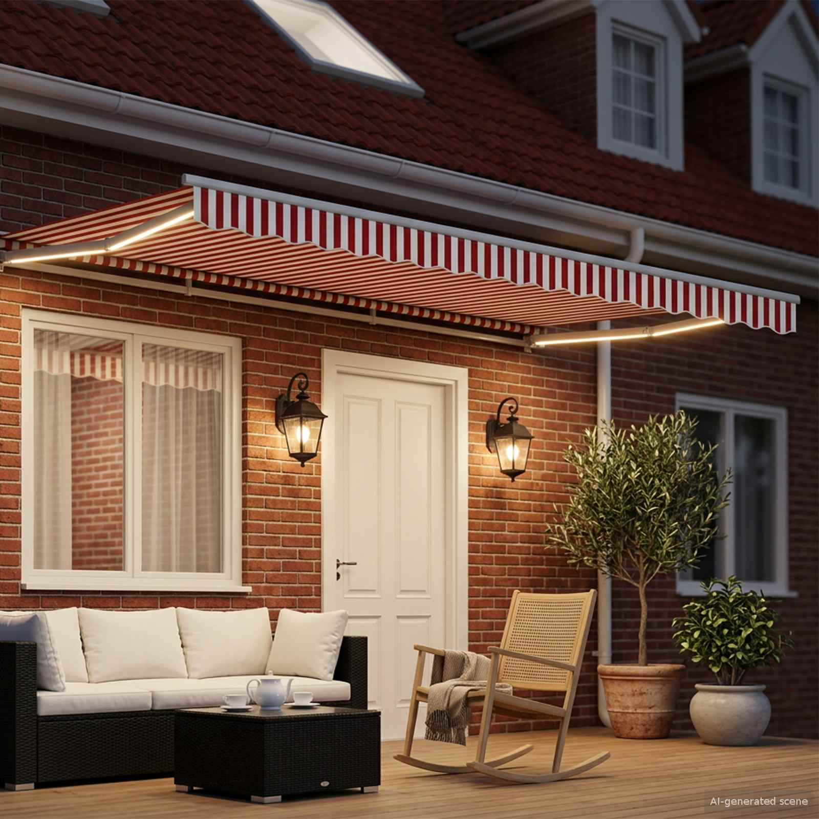 Handmatige Luifelhouder met LED's Rood en Wit 5 x 3 m is nu te koop bij PeponiXL, paradijselijk wonen!