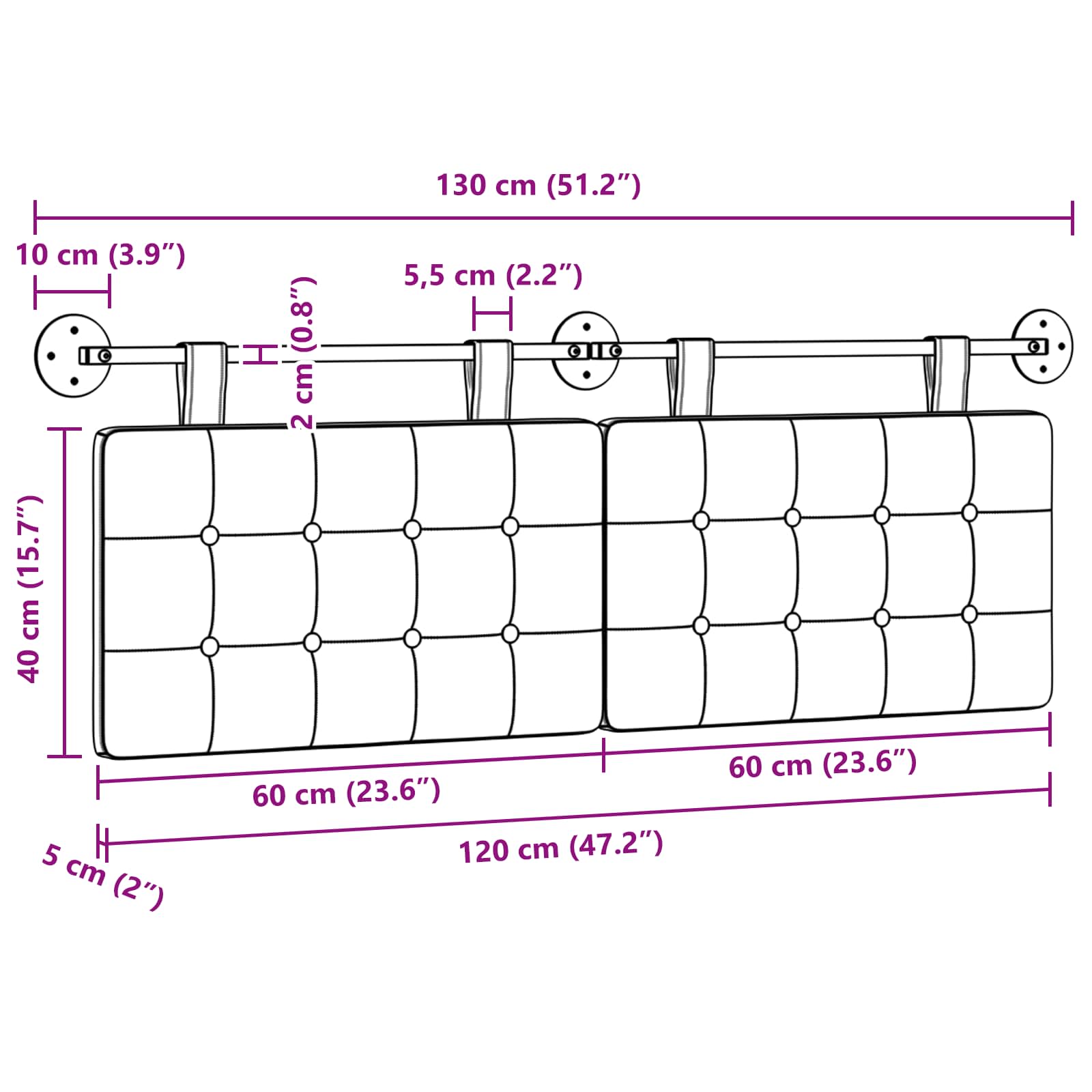Hangend Hoofdeinde Wandgemonteerd Wit 130 x 55 x 5 cm Stof is nu te koop bij PeponiXL, paradijselijk wonen!