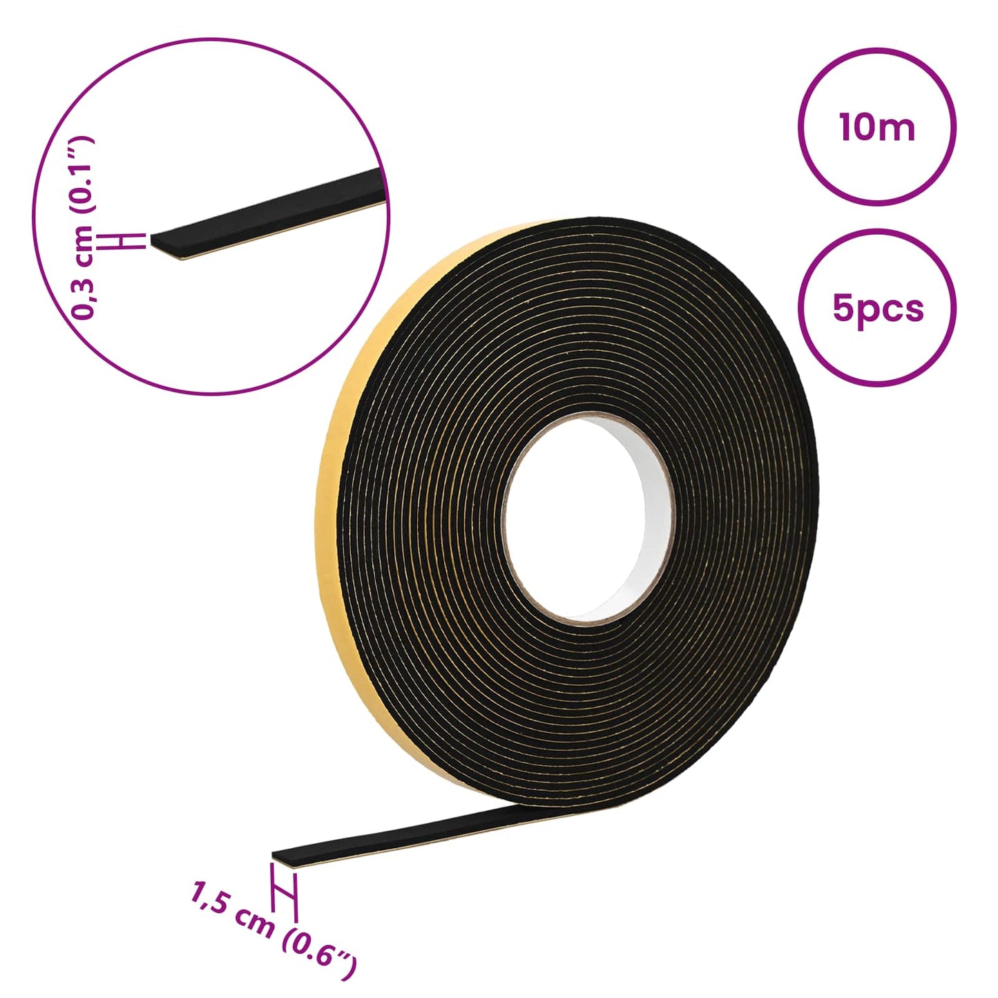 Zelfklevende schuimtape 5 pcs Zwart 15mm x 10m CR Schuim is nu te koop bij PeponiXL, paradijselijk wonen!