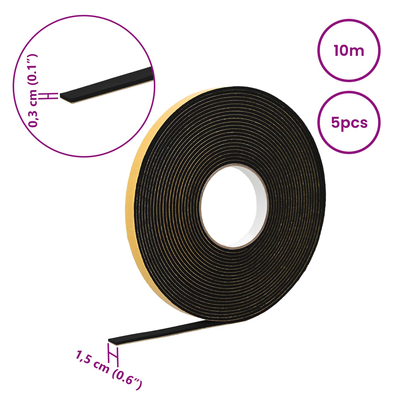 Zelfklevende schuimtape 5 pcs Zwart 15mm x 10m CR Schuim is nu te koop bij PeponiXL, paradijselijk wonen!