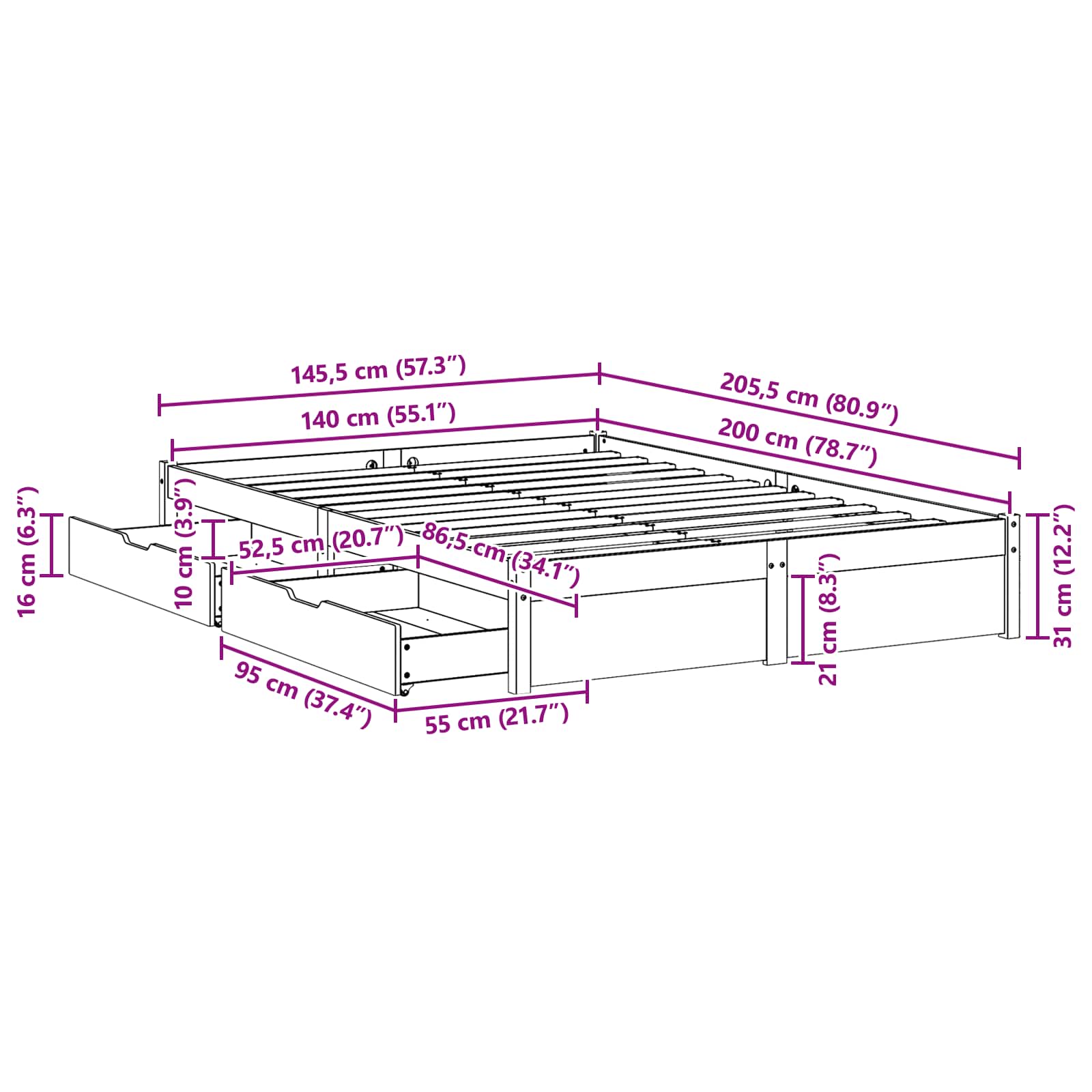 Bedframe met lade Wasbruin 140 x 200 cm Massief Vurenhout is nu te koop bij PeponiXL, paradijselijk wonen!
