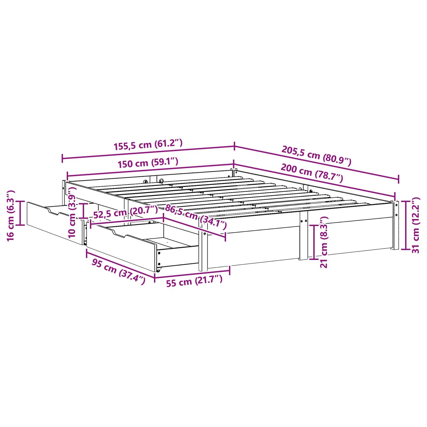 Bedframe met lade Wasbruin 150 x 200 cm Massief Vurenhout is nu te koop bij PeponiXL, paradijselijk wonen!