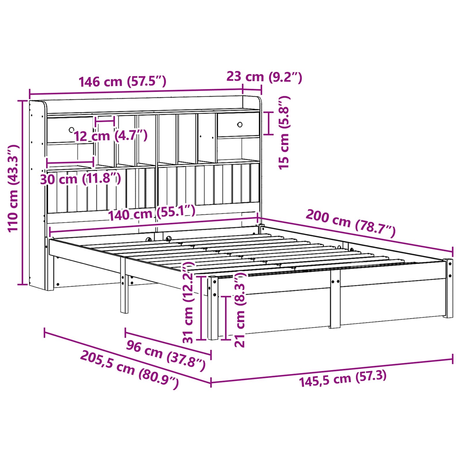 Boekenkast Bedframe Wasbruin 200 x 140 cm Massief Vurenhout is nu te koop bij PeponiXL, paradijselijk wonen!