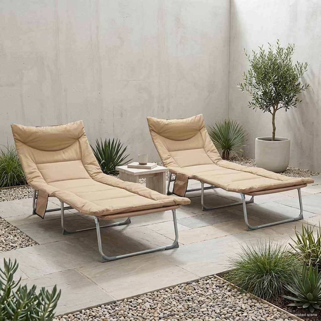 Opvouwbare zonnebed met kussen 2 pcs Beige is nu te koop bij PeponiXL, paradijselijk wonen!