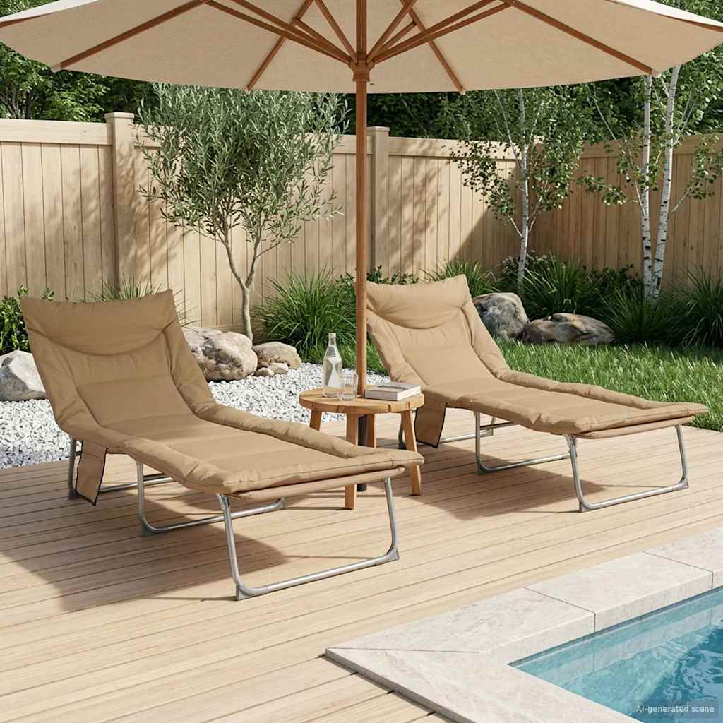 Opvouwbare zonnebed met kussen 2 pcs Beige is nu te koop bij PeponiXL, paradijselijk wonen!
