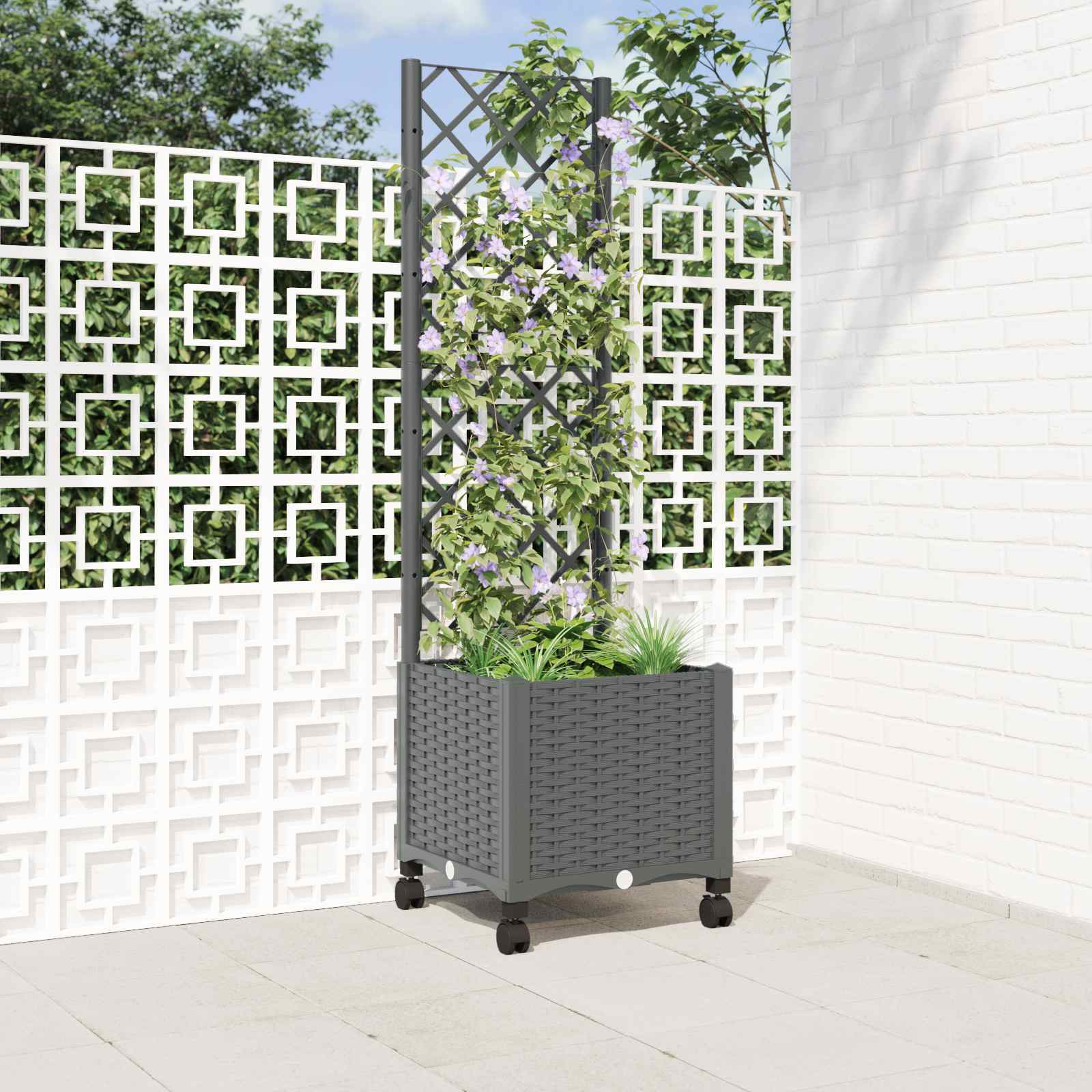 Tuinplantbak met schutting en wielen Lichtgrijs PP is nu te koop bij PeponiXL, paradijselijk wonen!