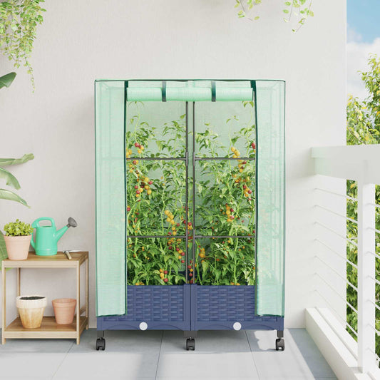 Tuinplantenbak met Kasbedekking en Wielen 2 st Blauw Grijs PP is nu te koop bij PeponiXL, paradijselijk wonen!